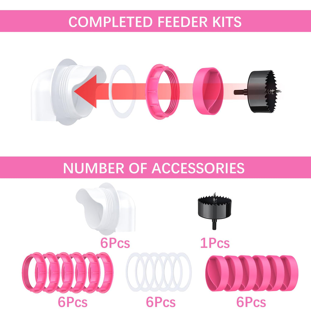 Chicken Feeder Port, 6 Pack Chicken Feeders No Waste with 6 Lids 1 Drill Bit, DIY Automatic Poultry Feeder Cups Kit, Chicken Bucket Feeder for Barrels (White)