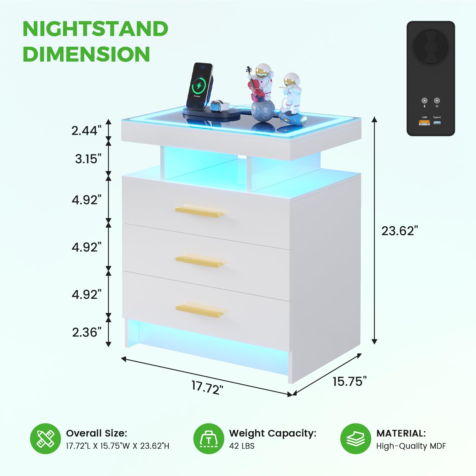 HNEBC LED Nightstand with Charging Station,Smart Bedside Table with Motion Sensor Lights,3 Drawers,Tempered Glass Top,High Gloss End Table with 3 Color Lights for Bedroom, Living Room,Office-Black