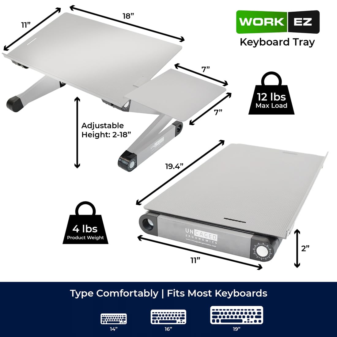 Uncaged Ergonomics WorkEZ Adjustable Computer Keyboard Stand for Desk, Keyboard & Mouse Riser, Ergonomic Portable Stand for Desktop, Computer Keypad Riser for Desk
