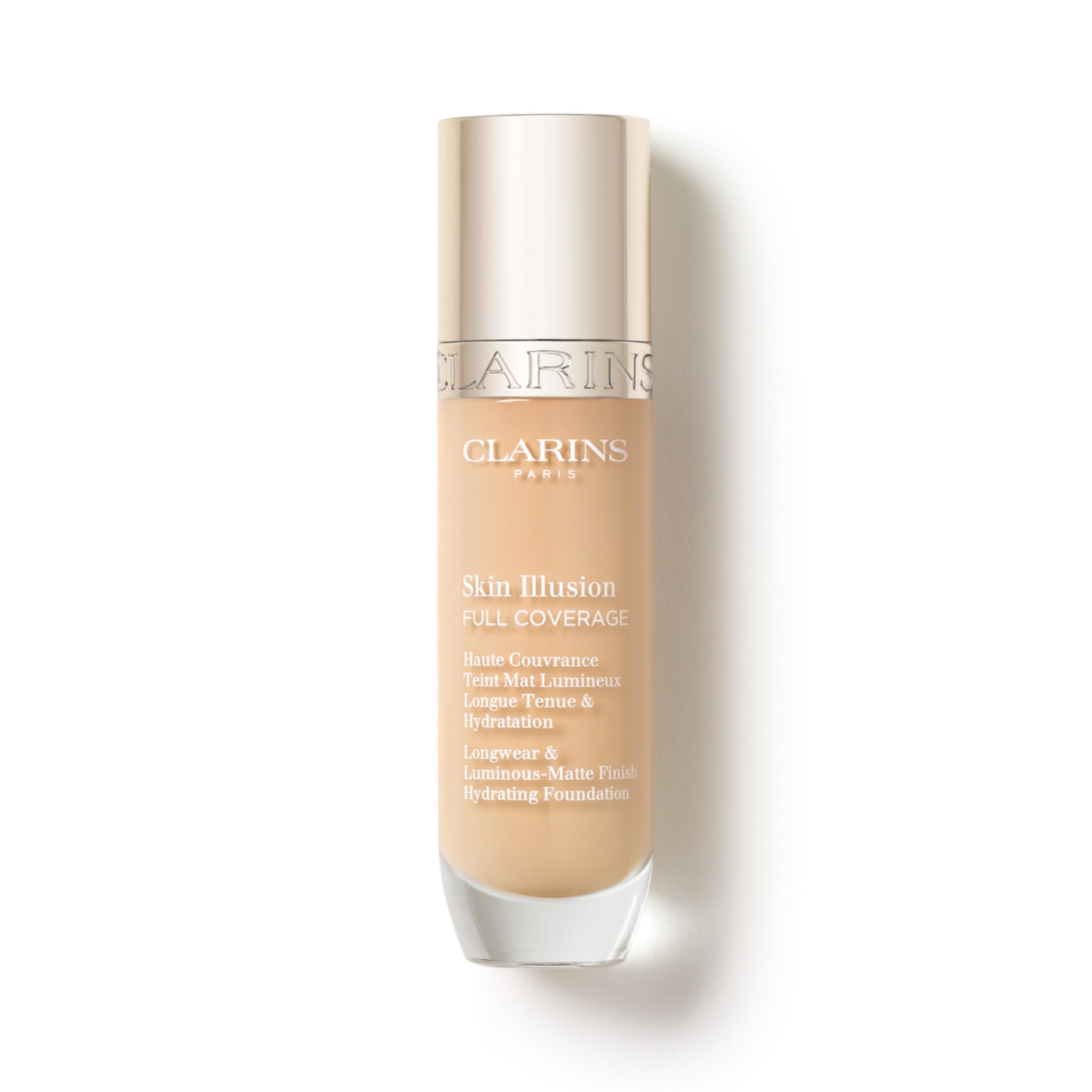Clarins Skin Illusion Longwear Full Coverage Foundation|Luminous Matte Finish|24H Hold and 24H Hydration|Natural Looking|Transfer, Sweat and Smudge Proof| Contains Hyaluronic Acid|1 Fl Oz