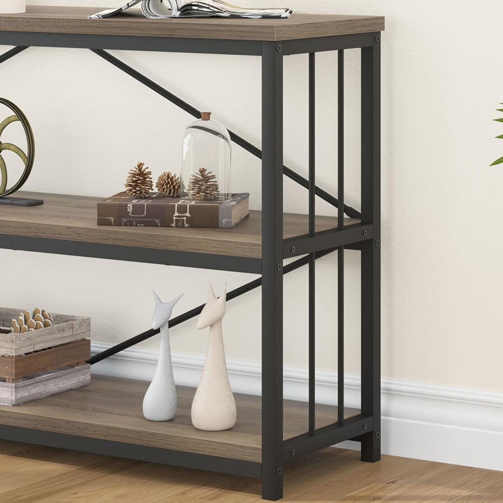 LVB Black Console Table, Modern Entryway Table for Hallway Living Room, Industrial Sofa Table Behind Couch, Farmhouse Wooden Metal Entry Table for Foyer with 3-Tier Storage Shelves, Black Oak, 55 Inch