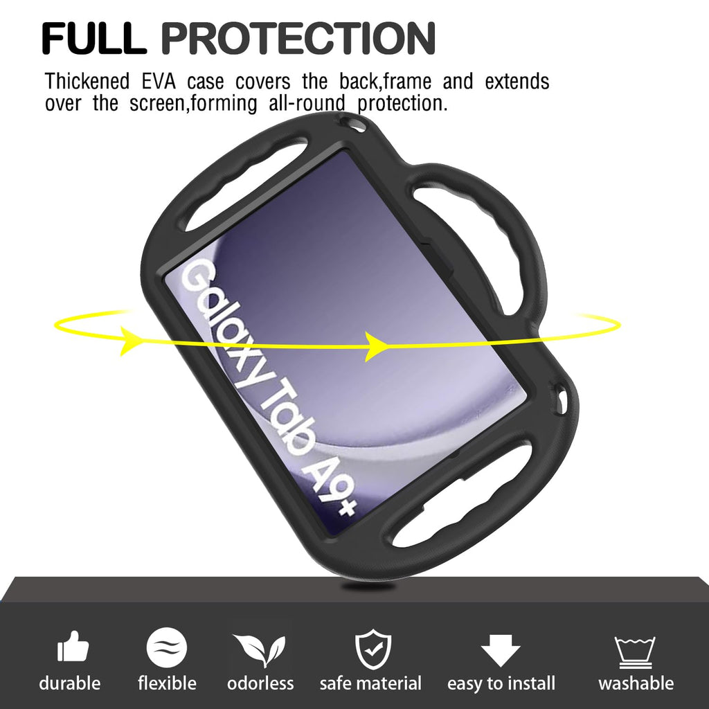 AVAWO Kids Case for Samsung Galaxy Tab A11+ Plus/A9+ Plus 11 Inch Case, with Strap, Shockproof Lightweight Handle Stand 2025/2023 Model with Lanyard, Black