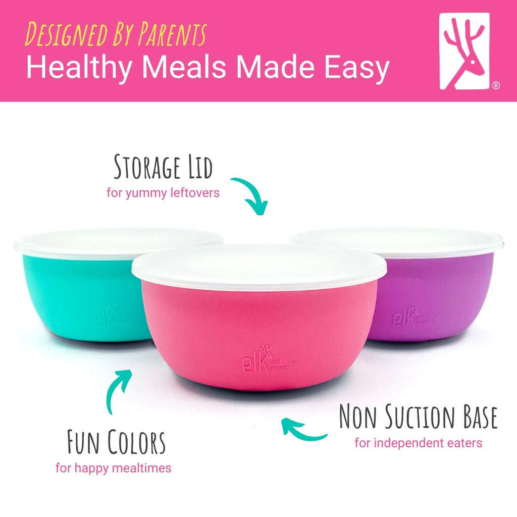 Elk and Friends Stainless Steel Bowls + Silicone Sleeve and Storage Lid | Baby, Toddler, Kids | Cereal & Snack Bowls | Storage Containers | Dishwasher Safe | 4 Pack