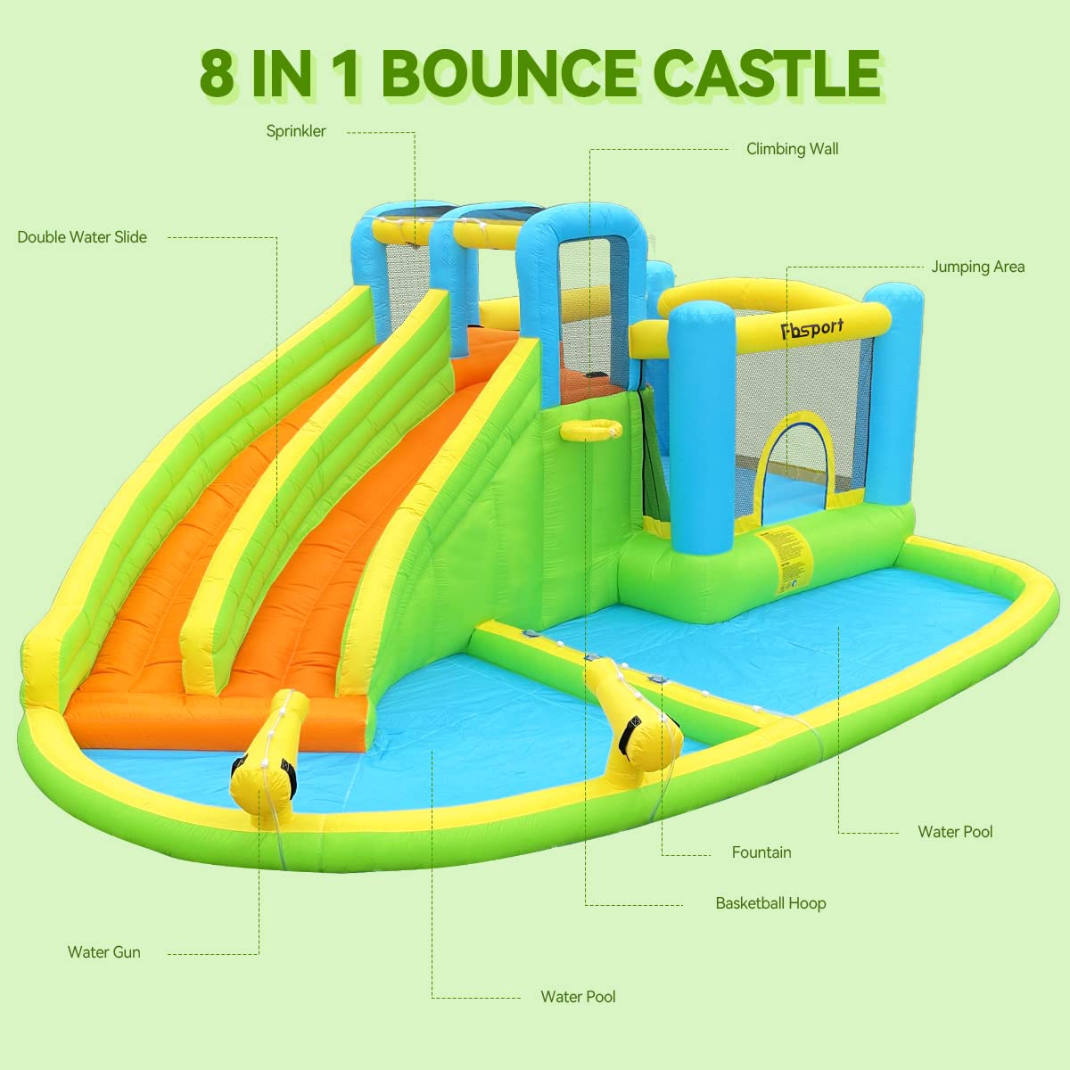 FBSPORT Inflatable Bounce House Double Slide,Water Slide Park Bounce House with Ball Pit,Water Cannon, Climbing Wall, Kids Bouncy Castle with 550W Air Blower for Backyard, Outdoor, Indoor