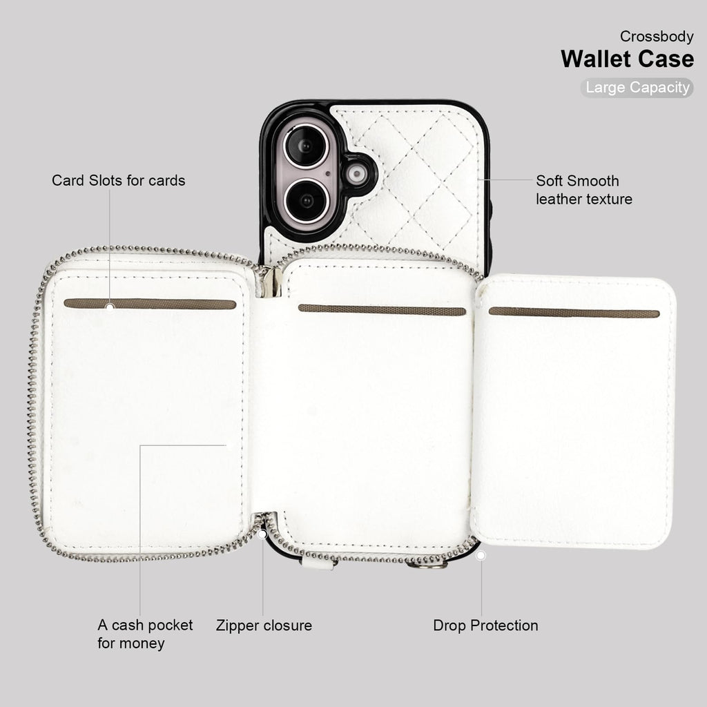Bocasal Crossbody Wallet Case for iPhone 16, RFID Blocking PU Leather Zipper Handbag Purse Flip Cover, Kickstand Folio Case with Card Slots Holder Wrist Strap Lanyard 5G 6.1 Inch (Black)