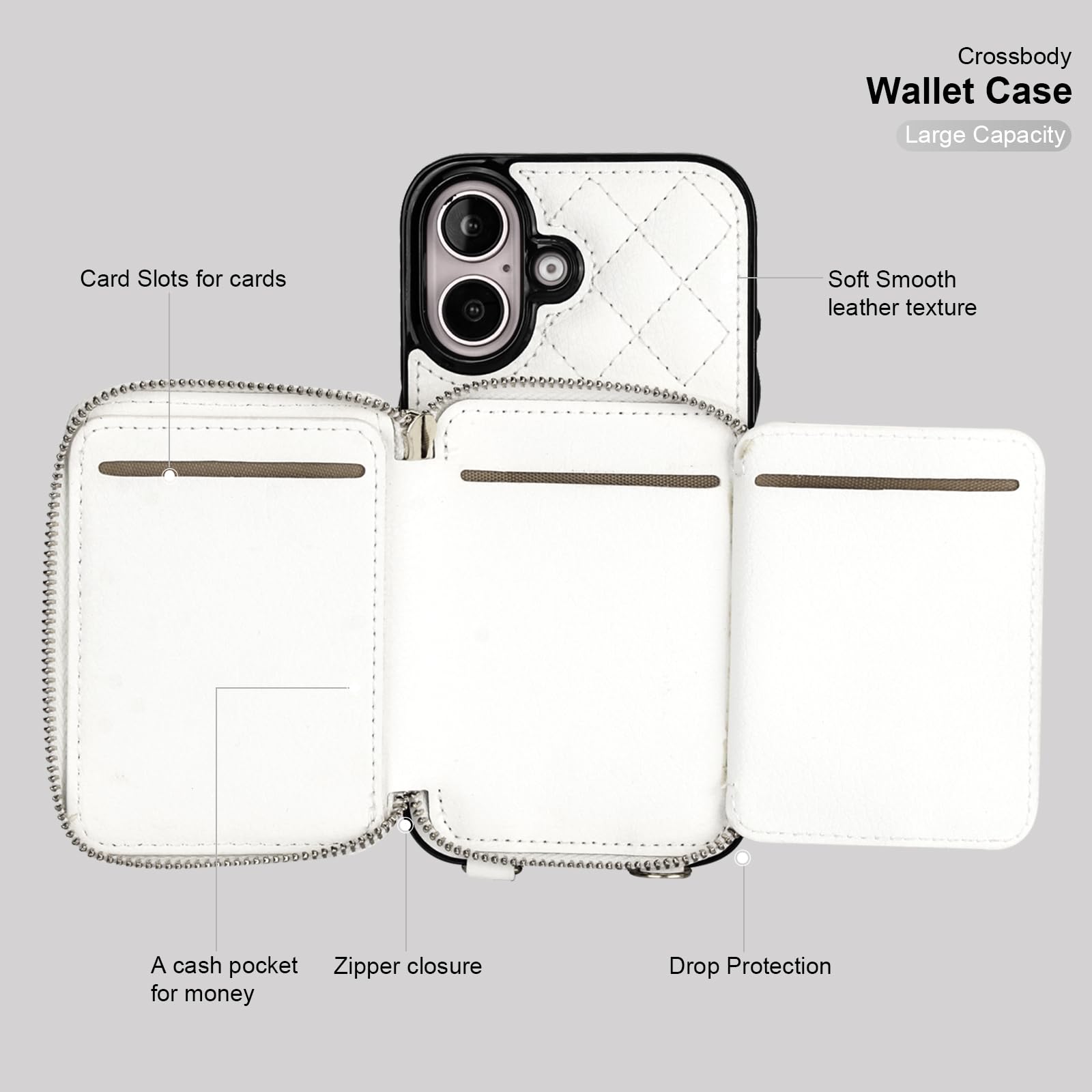 Bocasal Crossbody Wallet Case for iPhone 16, RFID Blocking PU Leather Zipper Handbag Purse Flip Cover, Kickstand Folio Case with Card Slots Holder Wrist Strap Lanyard 5G 6.1 Inch (Black)
