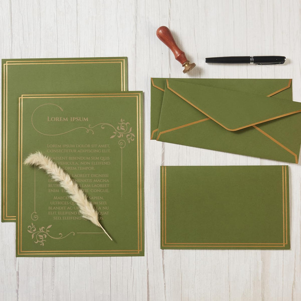 50 Pack Stationery Set with Envelopes, Cream Color, 8.5x11 Inches | Gold Border, #10 Business Envelopes and 8.5x11 Paper Sheets, Stickers for Letter Writing, Invitations