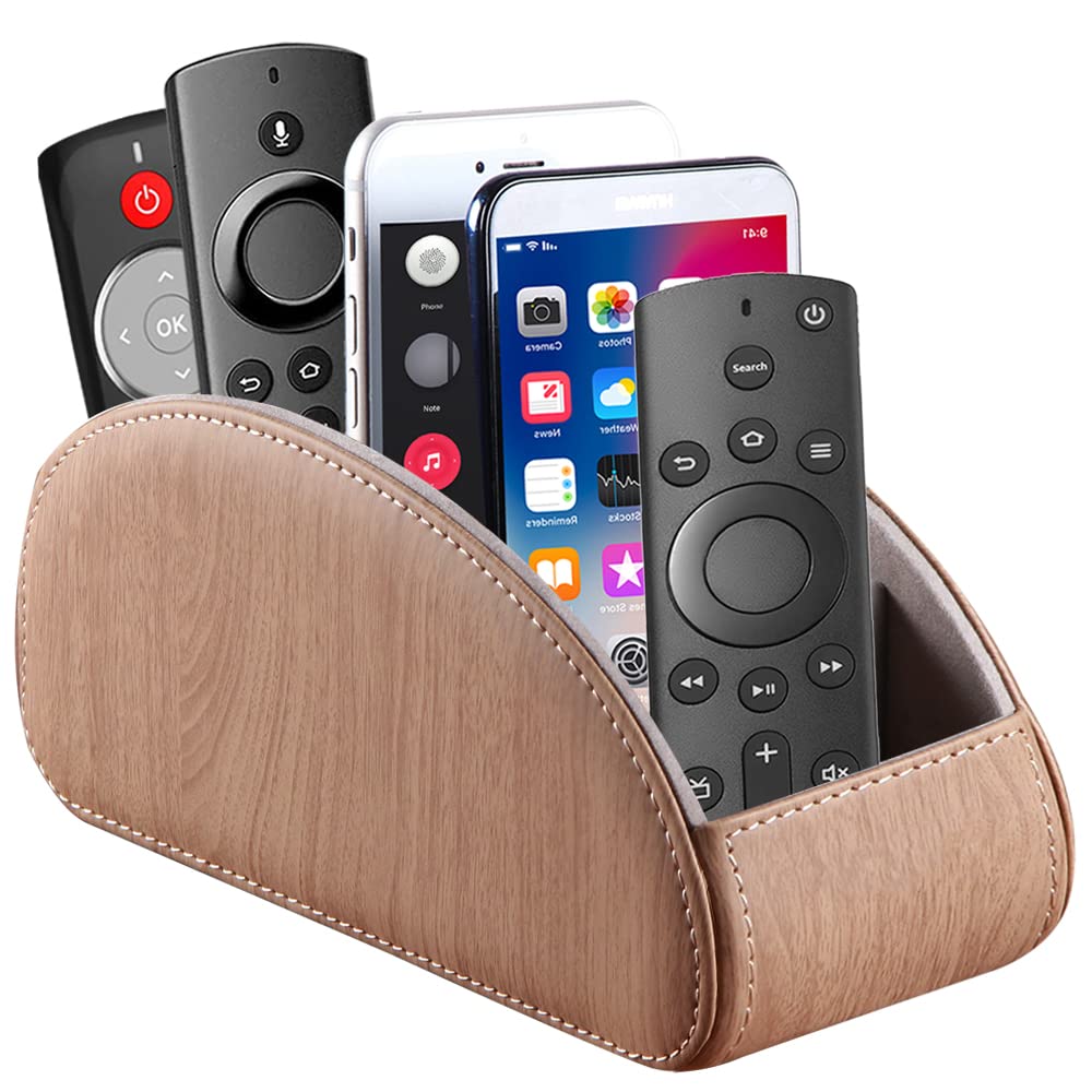 YAPISHI All-in-One Leather Brown TV Remote Holder with 5 Compartments Nightstand Desktop Media Player Remote Caddy Storage Box Organizer Tray for Mobile Office Phone Controller