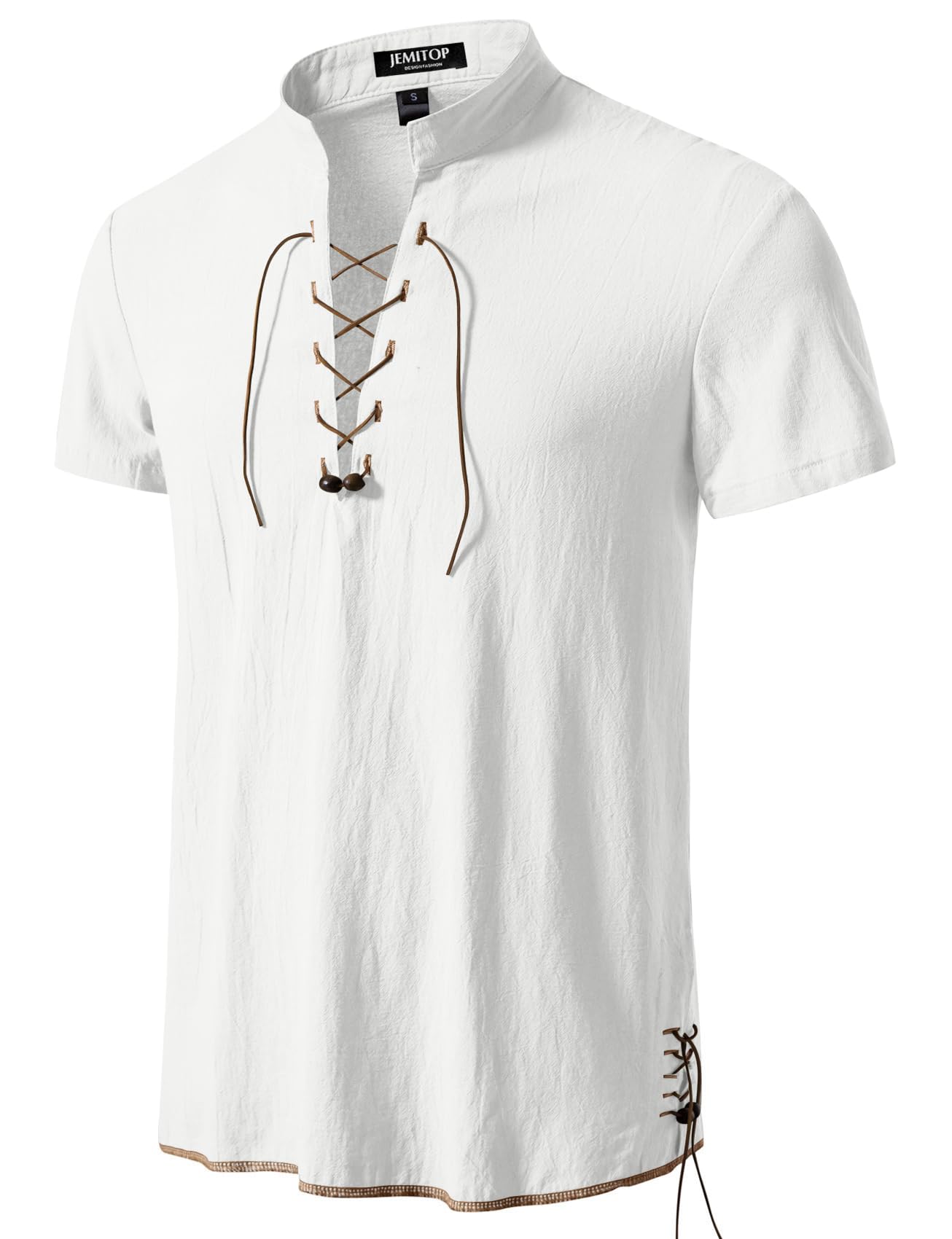 JEMITOP Men's Pure Cotton Vintage Short Sleeve Lace Up Shirts for Renaissance Pirate Viking Medieval Costume