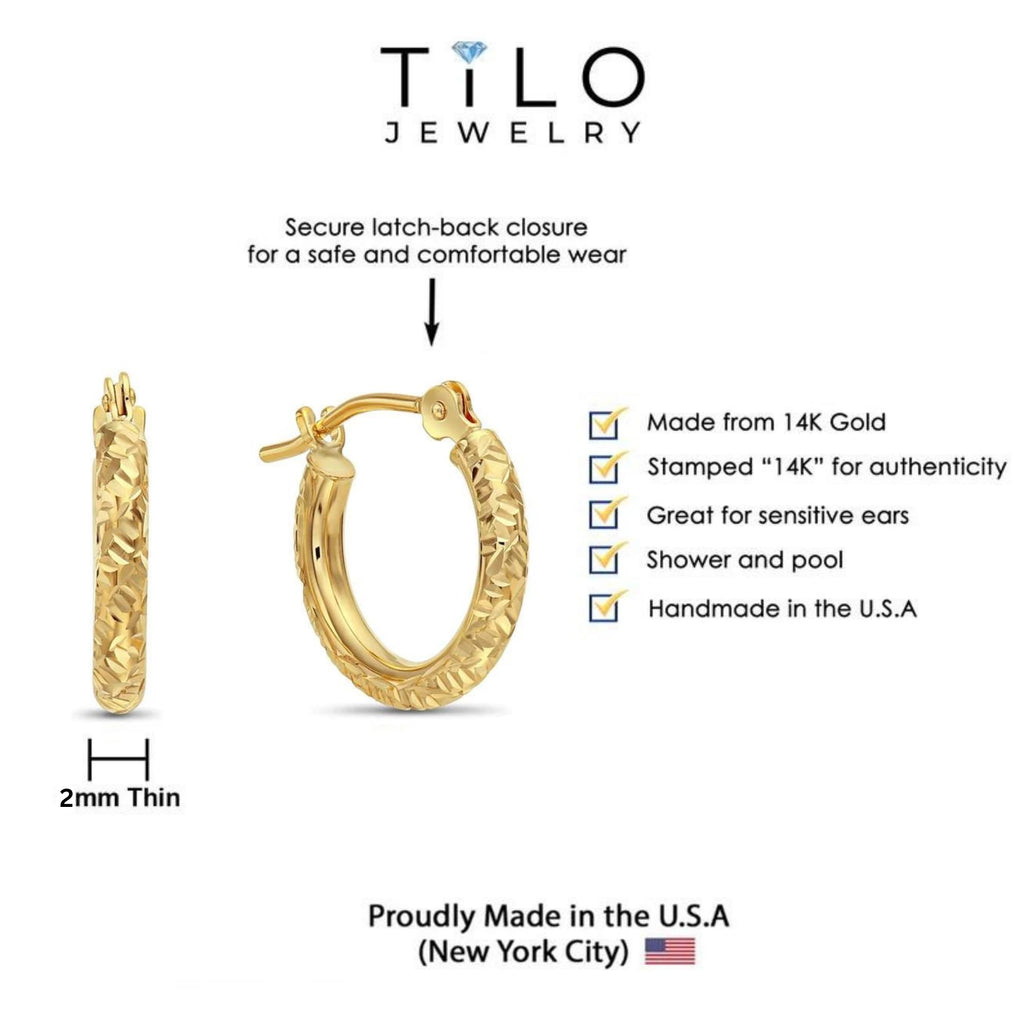 14k Gold Hand Engraved Diamond-cut Round Hoop Earrings, (0.5 inch Diameter)