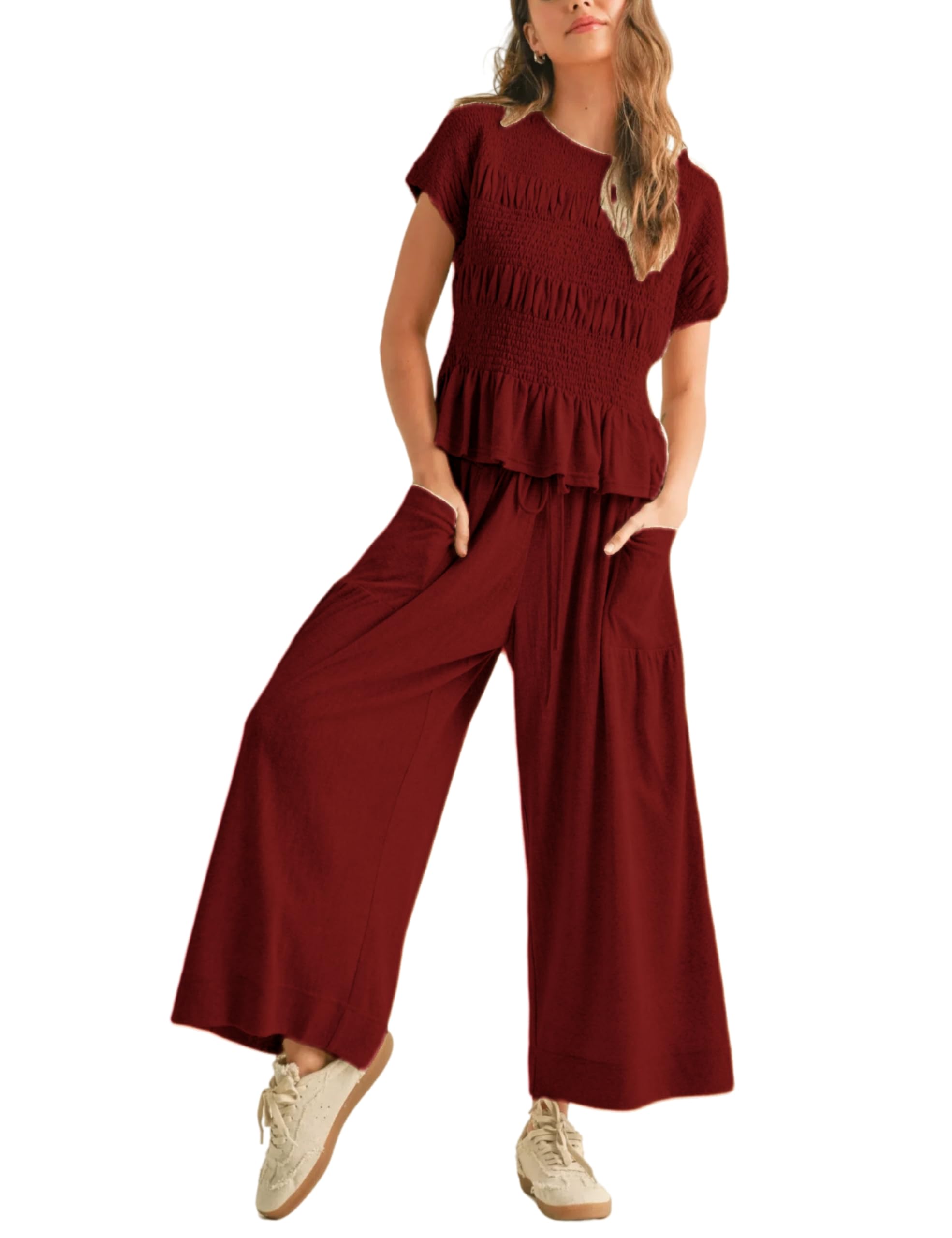 Antnation Womens 2 Piece Smocked Top Wide-Leg Pants Set High-Waisted Lounge Outfit with Pockets Casual Boho Matching Set