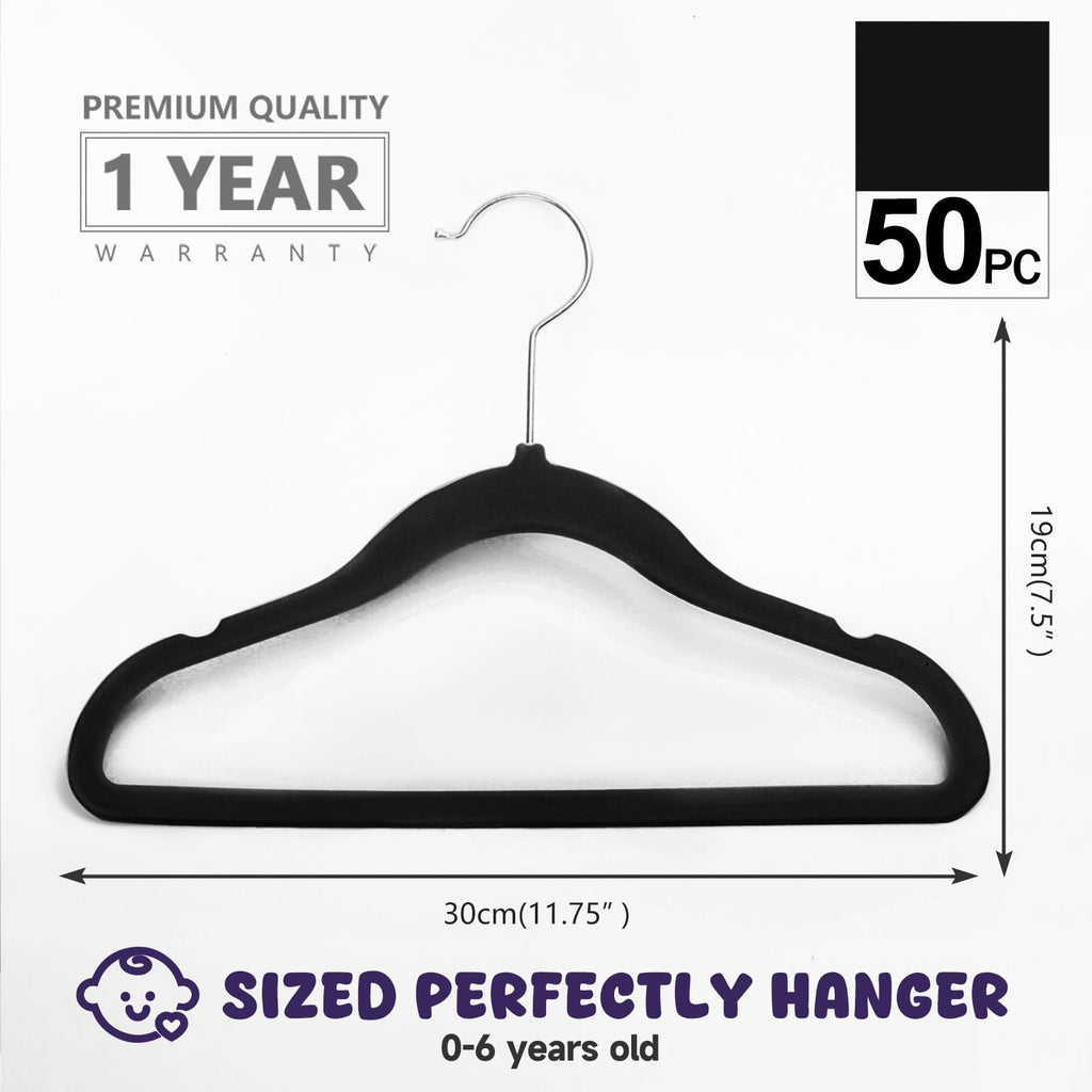 MIZGI Baby Velvet Hangers,Non-Slip Kids & Toddler Hangers,11.8 Inch Hangers for Baby Clothes,Pack of 50(Black/Black)