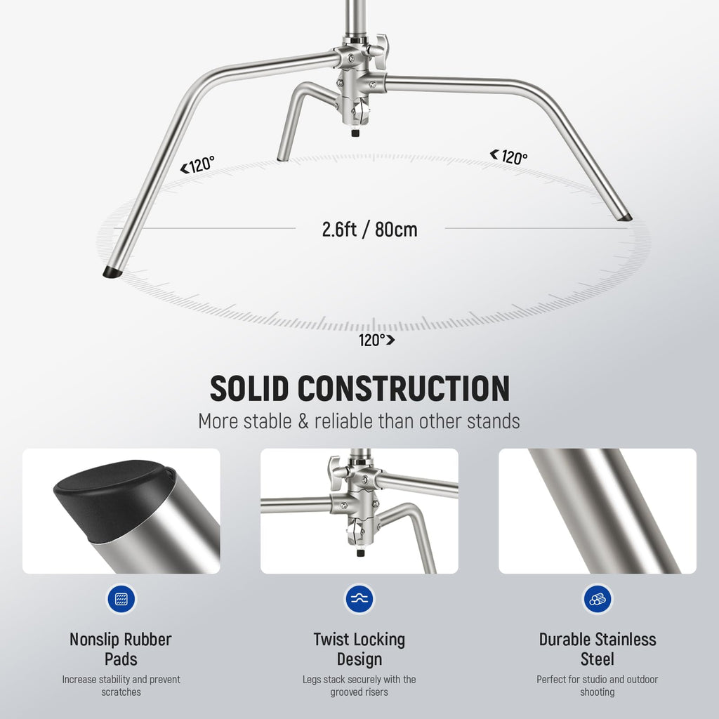 NEEWER Pro 100% Stainless Steel Heavy Duty C Stand with Boom Arm, Max Height 68"/172cm Photography Light Stand with 2.7ft/83cm Holding Arm, 2 Grip Head for Studio Monolight, Softbox, Reflector, SC172