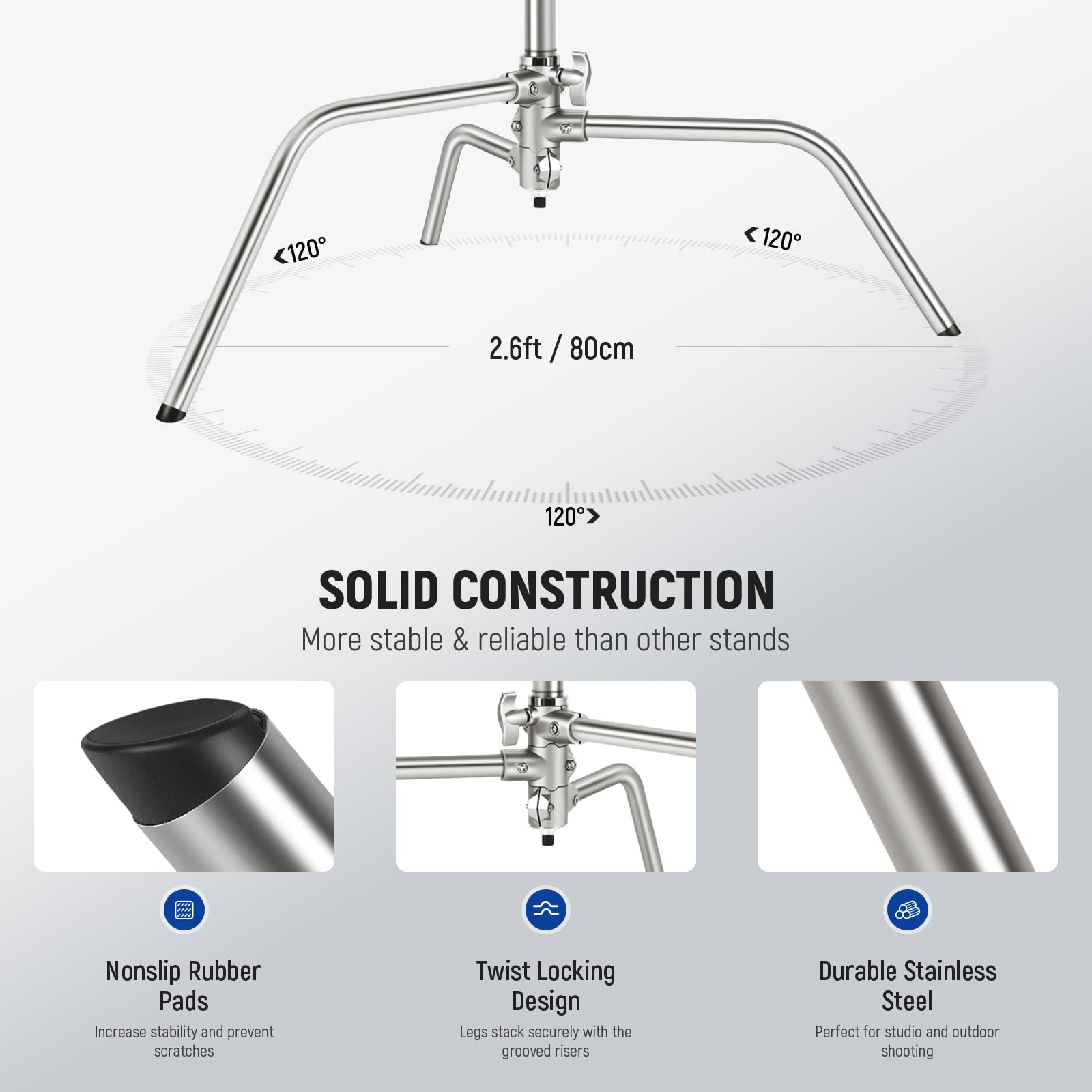 NEEWER Pro 100% Stainless Steel Heavy Duty C Stand with Boom Arm, Max Height 68"/172cm Photography Light Stand with 2.7ft/83cm Holding Arm, 2 Grip Head for Studio Monolight, Softbox, Reflector, SC172