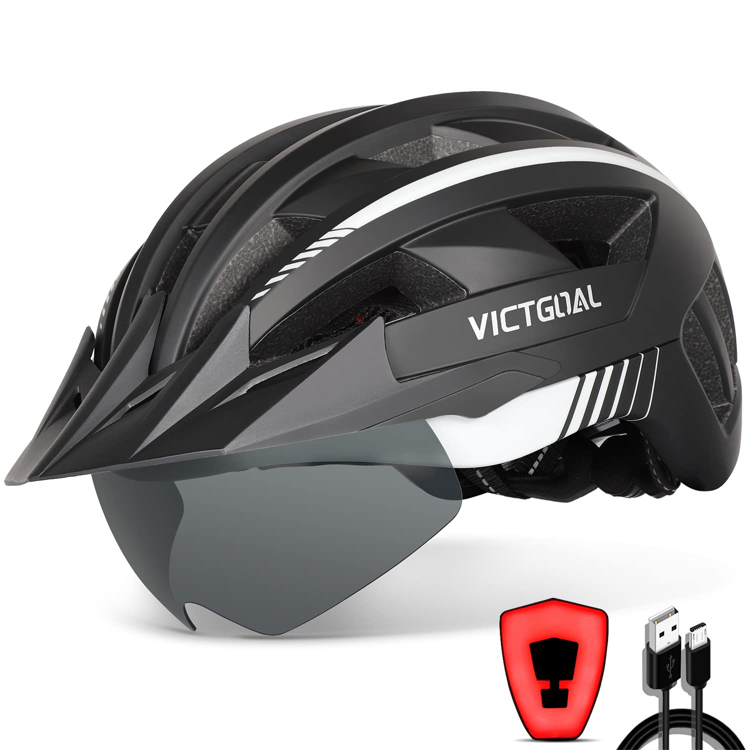VICTGOAL Bike Helmet with USB Rechargeable Rear Light Detachable Magnetic Goggles Removable Sun Visor Mountain & Road Bicycle Helmets for Men Women Adult Cycling Helmets