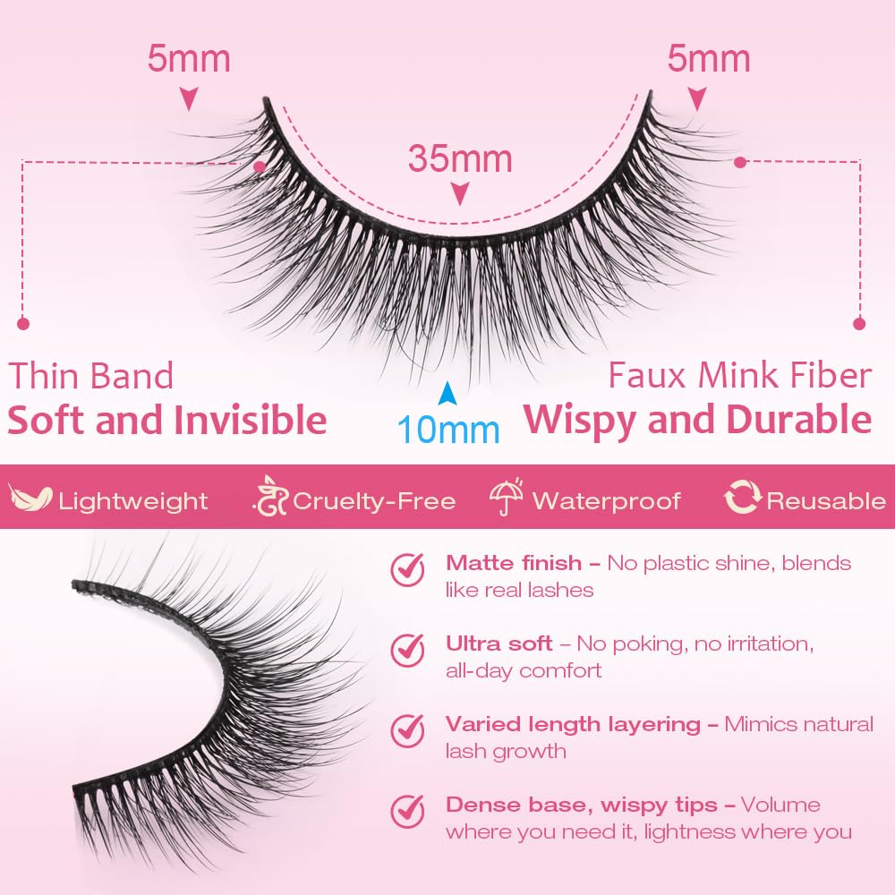 False Lashes Natural Look Wispy Eyelashes Manga Korean Spiky 16mm Short Faux Mink Eyelashes Cat Eye Natural Fake Eyelashes Strip Lashes Pack 14 Pairs