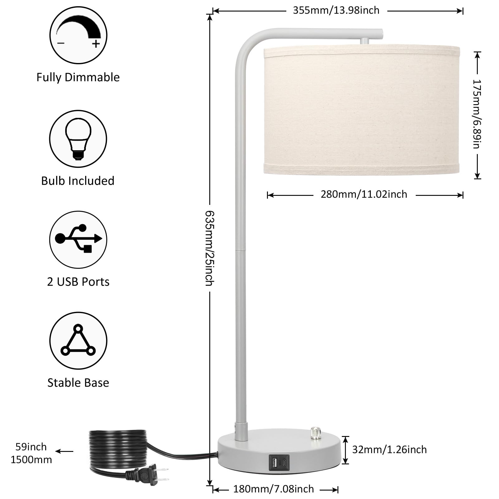 Table Lamps Set of 2, Fully Dimmable Bedside Lamp with USB C+A Charging Ports, Modern Nightstand Lamps with Linen Fabric Shades, Tall Desk Lamp for Bedroom, Living Room, Office, LED Bulb Included