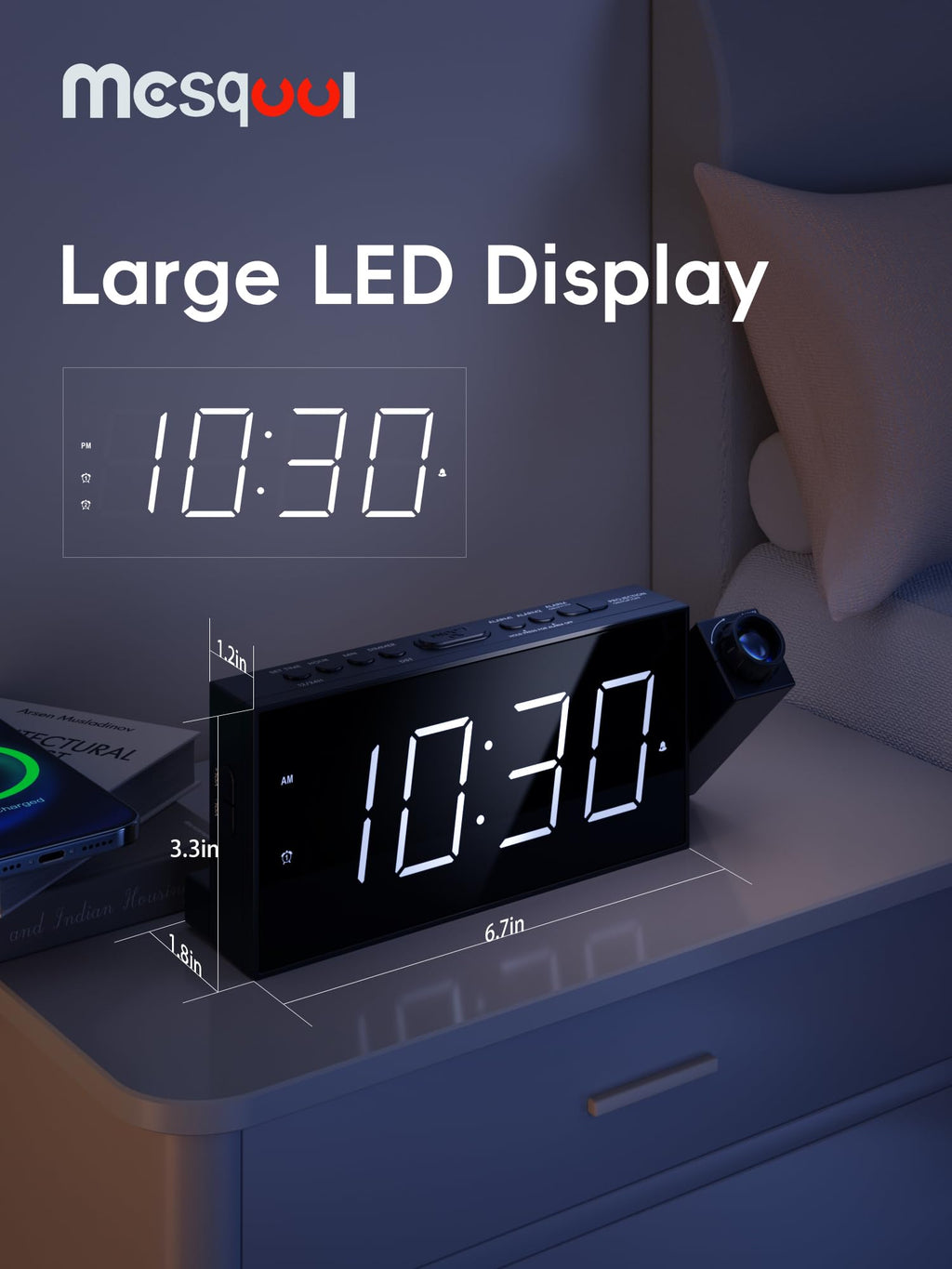 Digital Projection Alarm Clocks for Bedrooms - Large LED Display, 180° Rotatable Projector, 5-Level Dimmer,USB Charger,Battery Backup,Loud Dual Alarms for Kids Elderly,Heavy Sleepers,Snooze,12/24H,DST