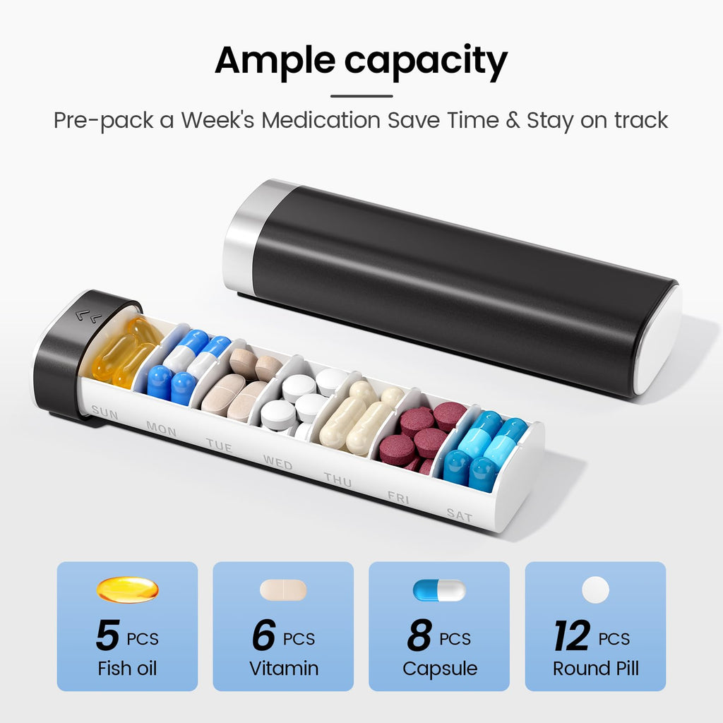 Betife Travel Pill Organizer Weekly 7 Day, Compact Daily Pill Box, Portable Medicine Case, Cute Pill Holder for Vitamins Supplements, Drawer-Shaped Pills Organizer (Black)