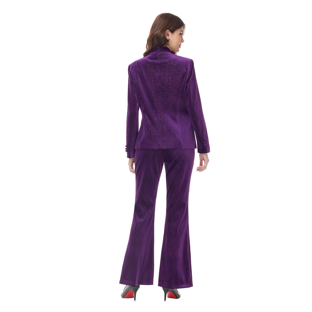 Lamgool Women Pantsuit Dressy Silver Thread Velvet 2 Piece Suit Set Blazer and Flared Pants