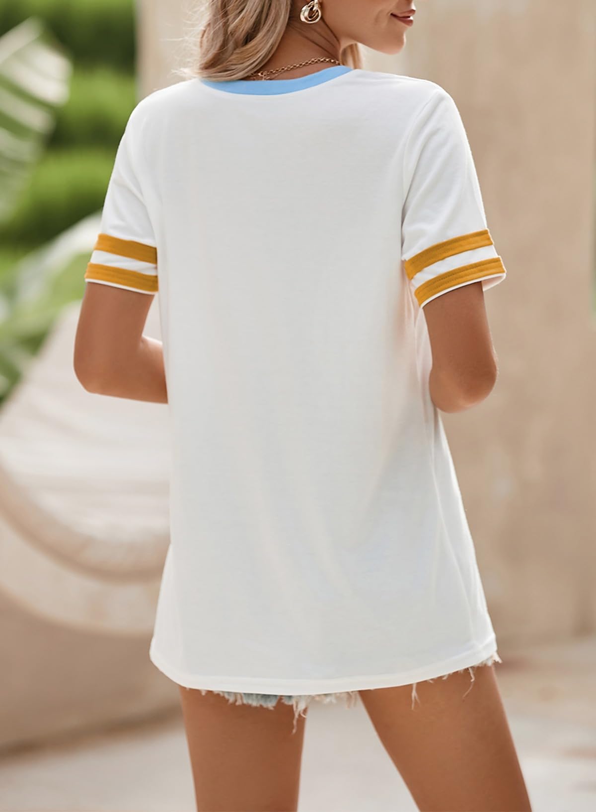 SHEWIN Women's Fashion Casual Crewneck Color Block T Shirts Short Sleeve Summer Tops Tees Slim Fit