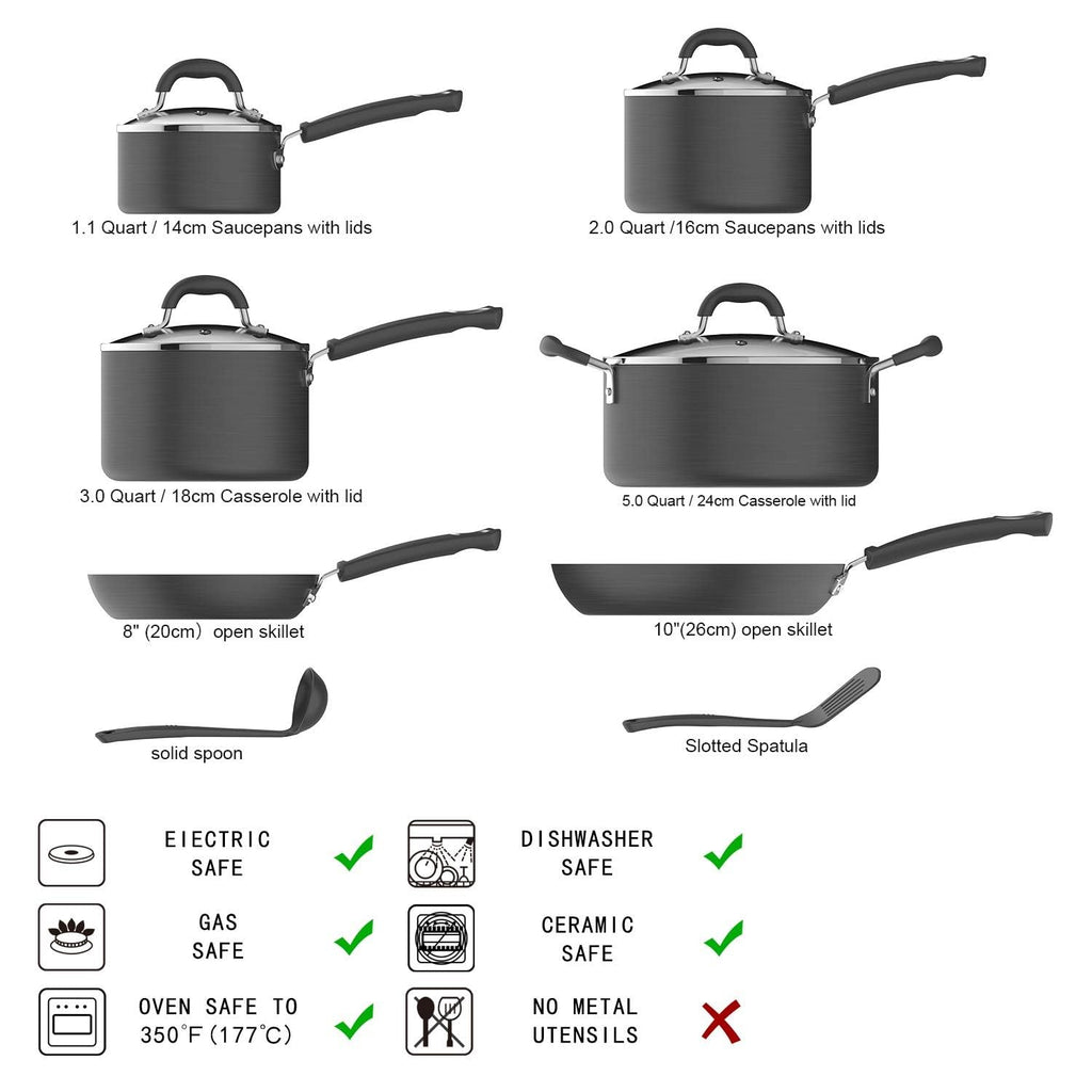 Amazon Basics Non-Stick Cookware Set, Pots and Pans with Lids, Hard Anodized Aluminum, Dishwasher Safe, Oven Safe, Black, 12-Piece