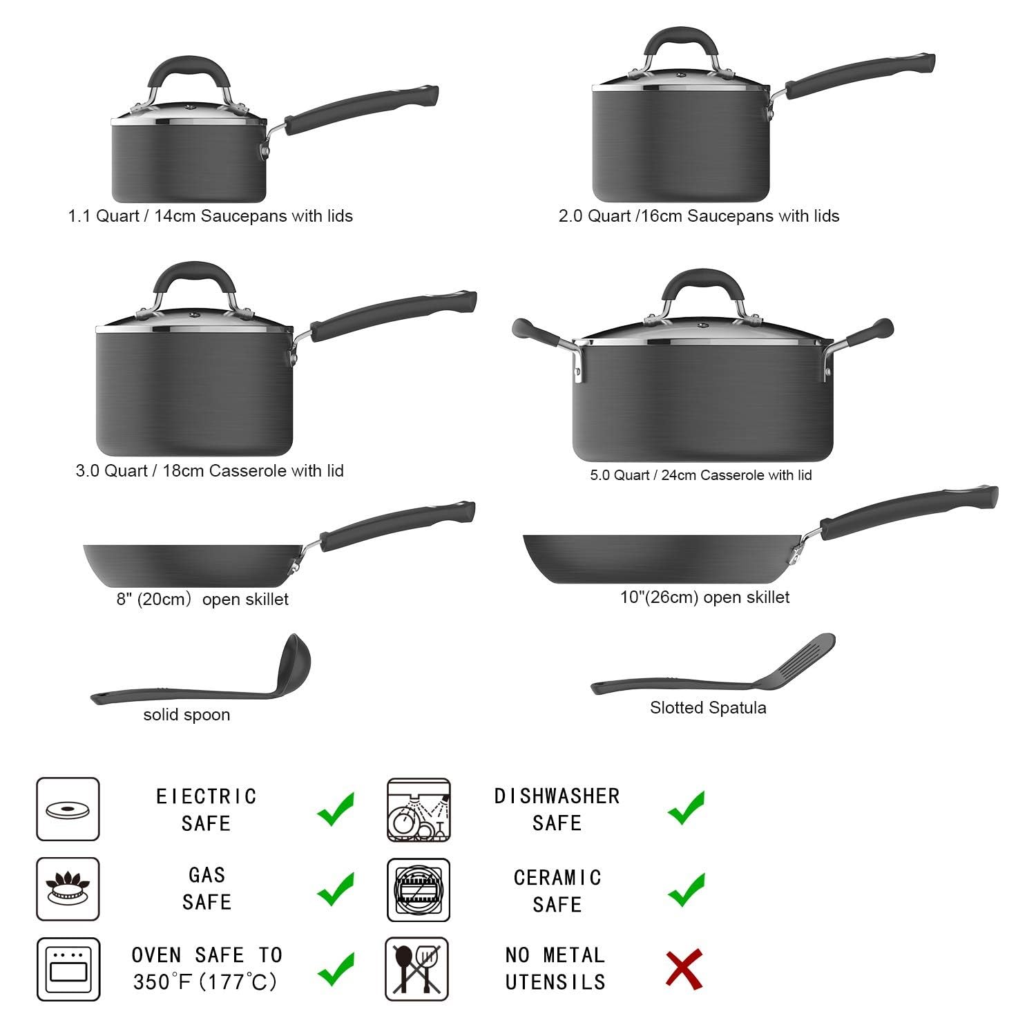 Amazon Basics Non-Stick Cookware Set, Pots and Pans with Lids, Hard Anodized Aluminum, Dishwasher Safe, Oven Safe, Black, 12-Piece