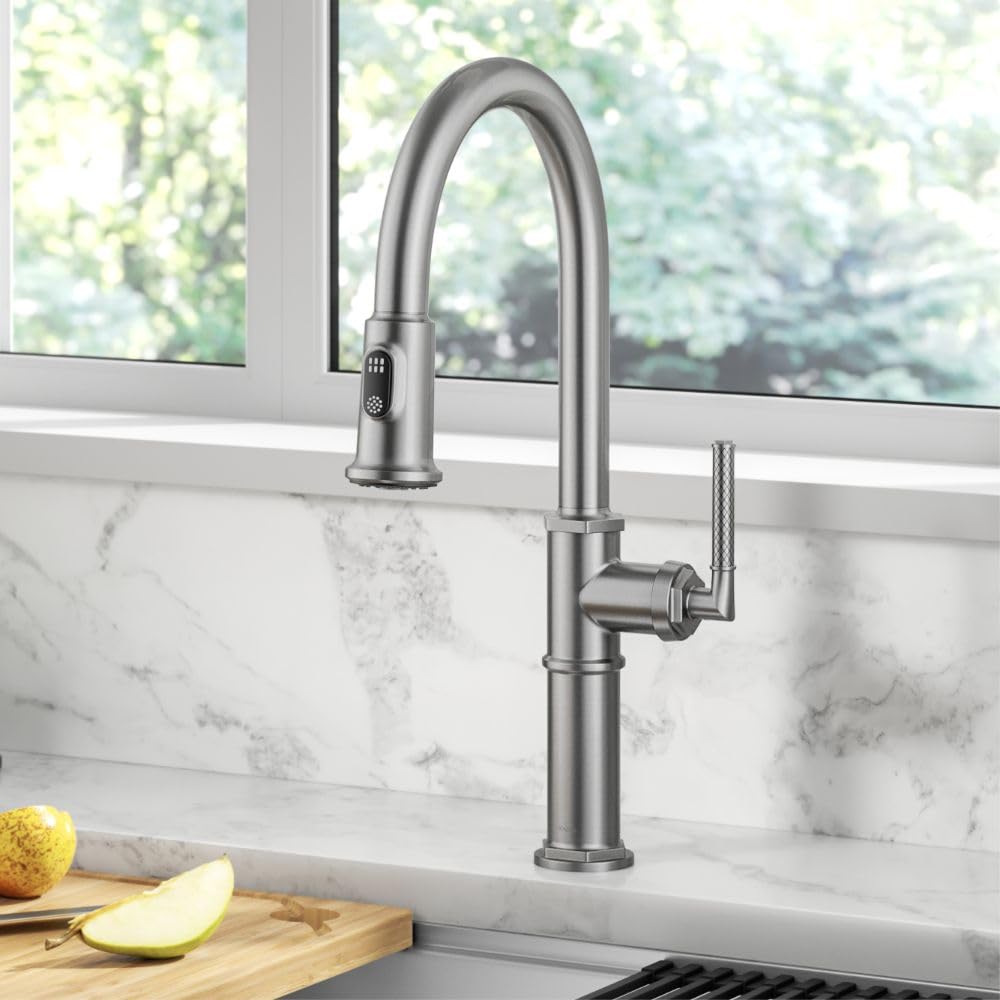 KRAUS Allyn Transitional Bridge Kitchen Faucet with Pull-Down Sprayhead in Brushed Gold, KPF-3121BG