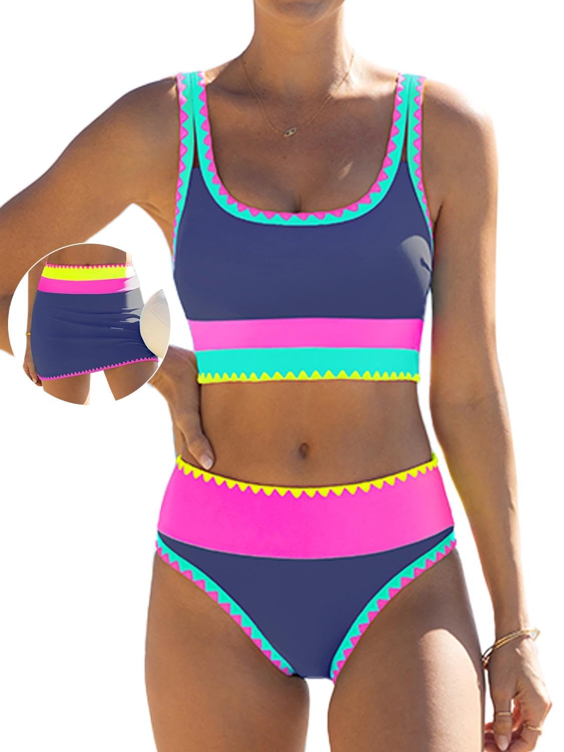 popvil High Waisted Bikini Sets for Women Tummy Control Swimsuits 3 Piece Bathing Suits Neon Swimwear with Skirt 2026