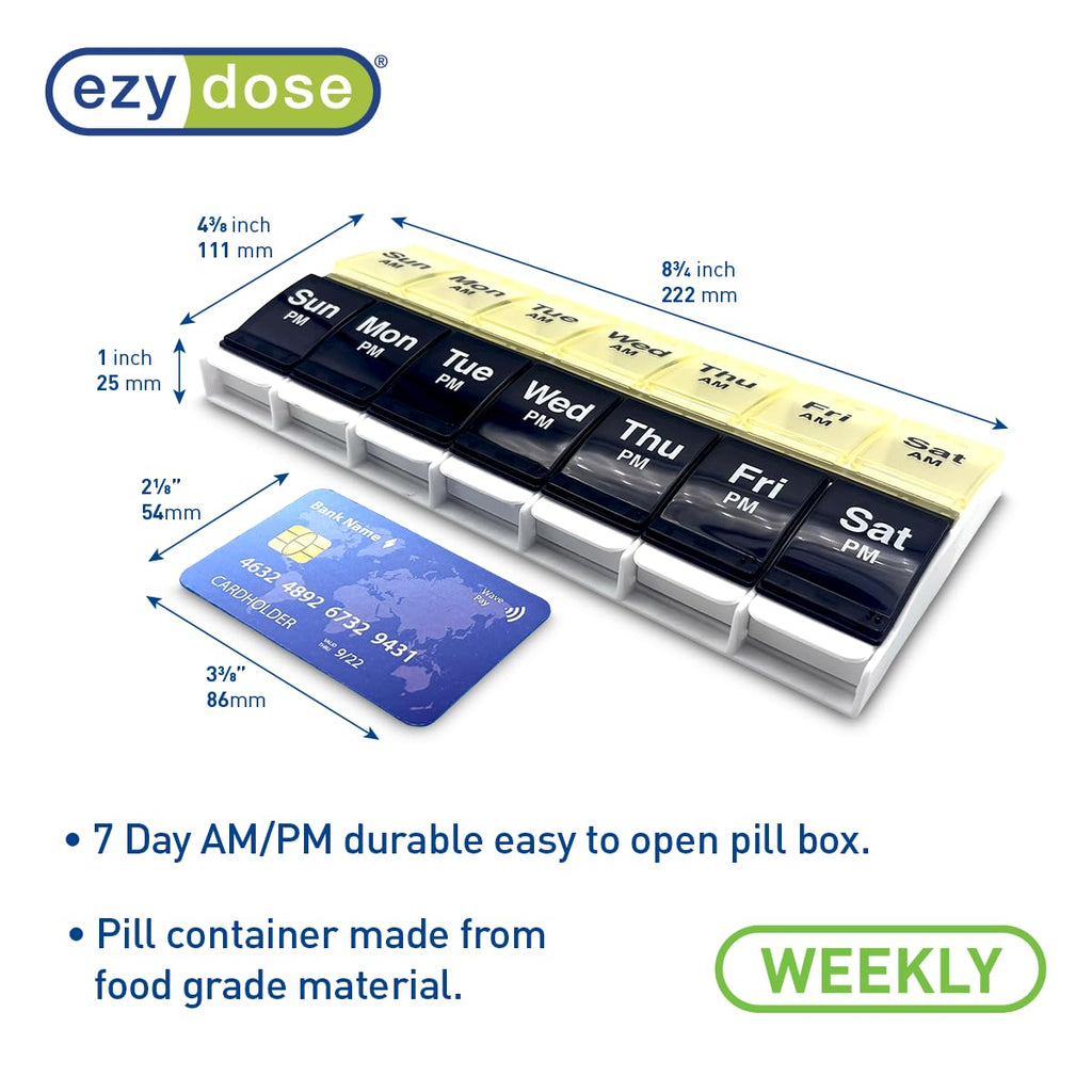 EZY DOSE Push Button (7-Day) Pill Case, Medicine Planner, Vitamin Organizer, 2 Times a Day, AM/PM Container, X-Large Compartments, Arthritis Friendly, Easy to Use, Transparent Lids, Black, BPA Free