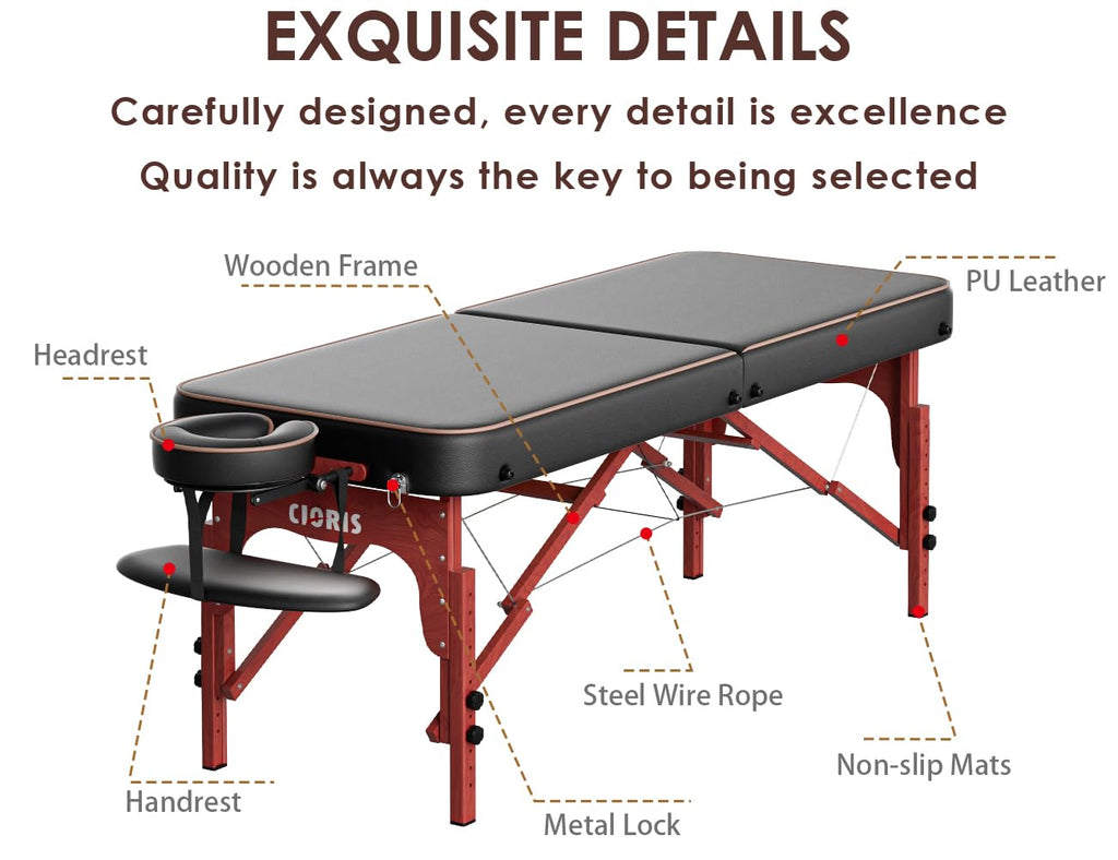CLORIS 84" Professional Massage Table Portable Reinforced Wooden Leg 2 Folding Lightweight Spa Salon Tattoo Massage Bed Height Adjustable Hold Up to 1100LBS with Carrying Bag Black