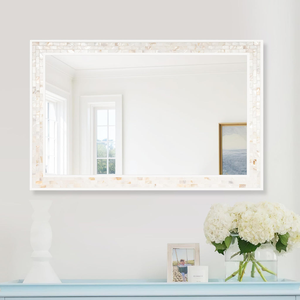 Tanmicoshomy Round Wall Mirror 24 Inch,Circle Mosaic Mirror with Natural Mother of Pearl and Wood Frame, Decorative Coastal Round Wall Mirror for Bathroom Bedroom Living Room Entryway