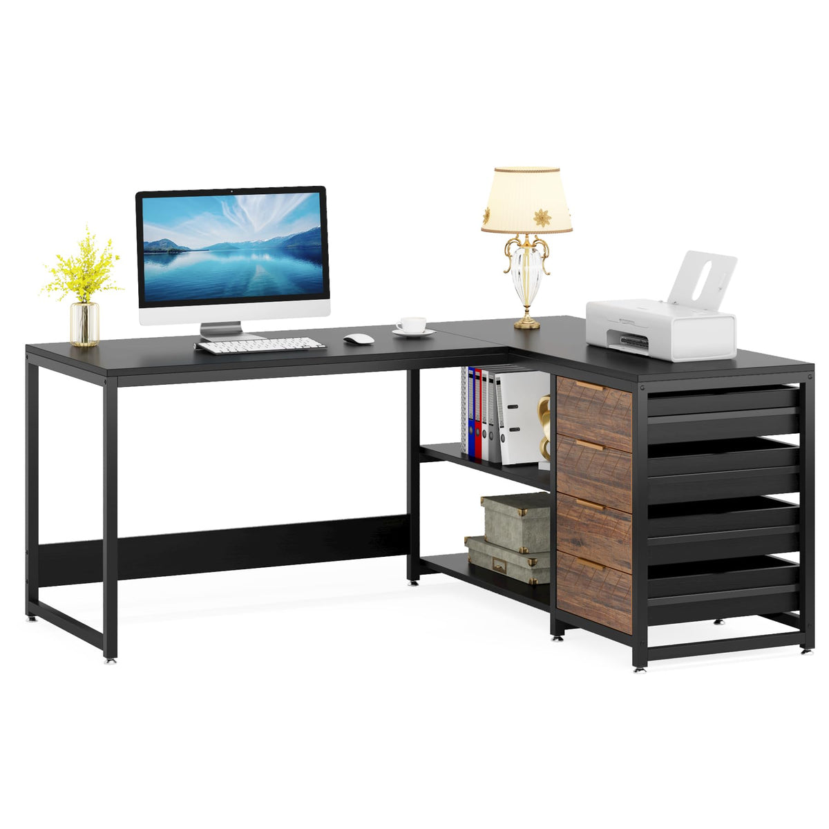 LITTLE TREE 59-Inch L Shaped Desk with Drawers, Large Computer Desk with Storage Shelves, Reversible L-Shaped Corner Desk Workstation for Home Office