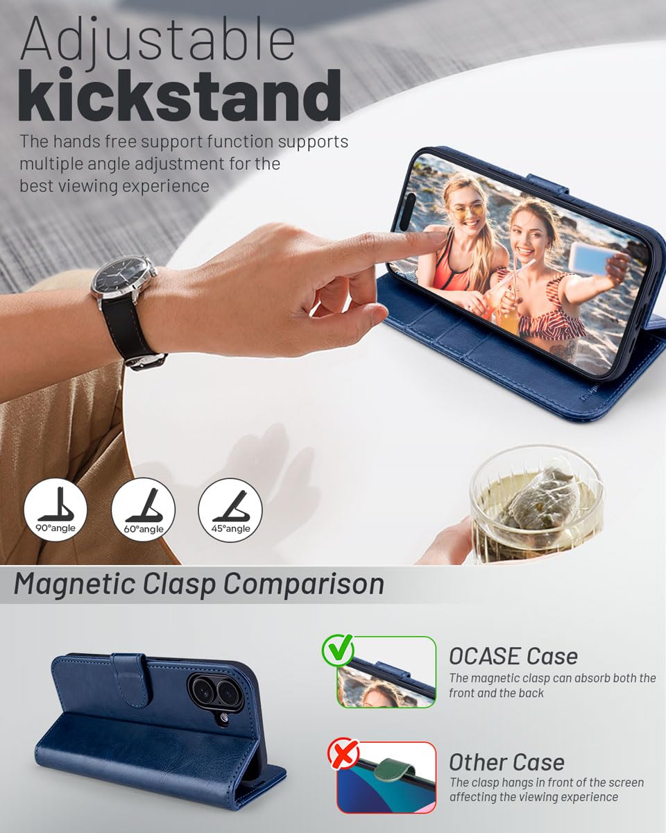 OCASE Compatible with iPhone 16 Wallet Case, PU Leather Flip Folio Case with Card Holders RFID Blocking Kickstand [Shockproof TPU Inner Shell] Phone Cover 6.1 Inch 2024, Black