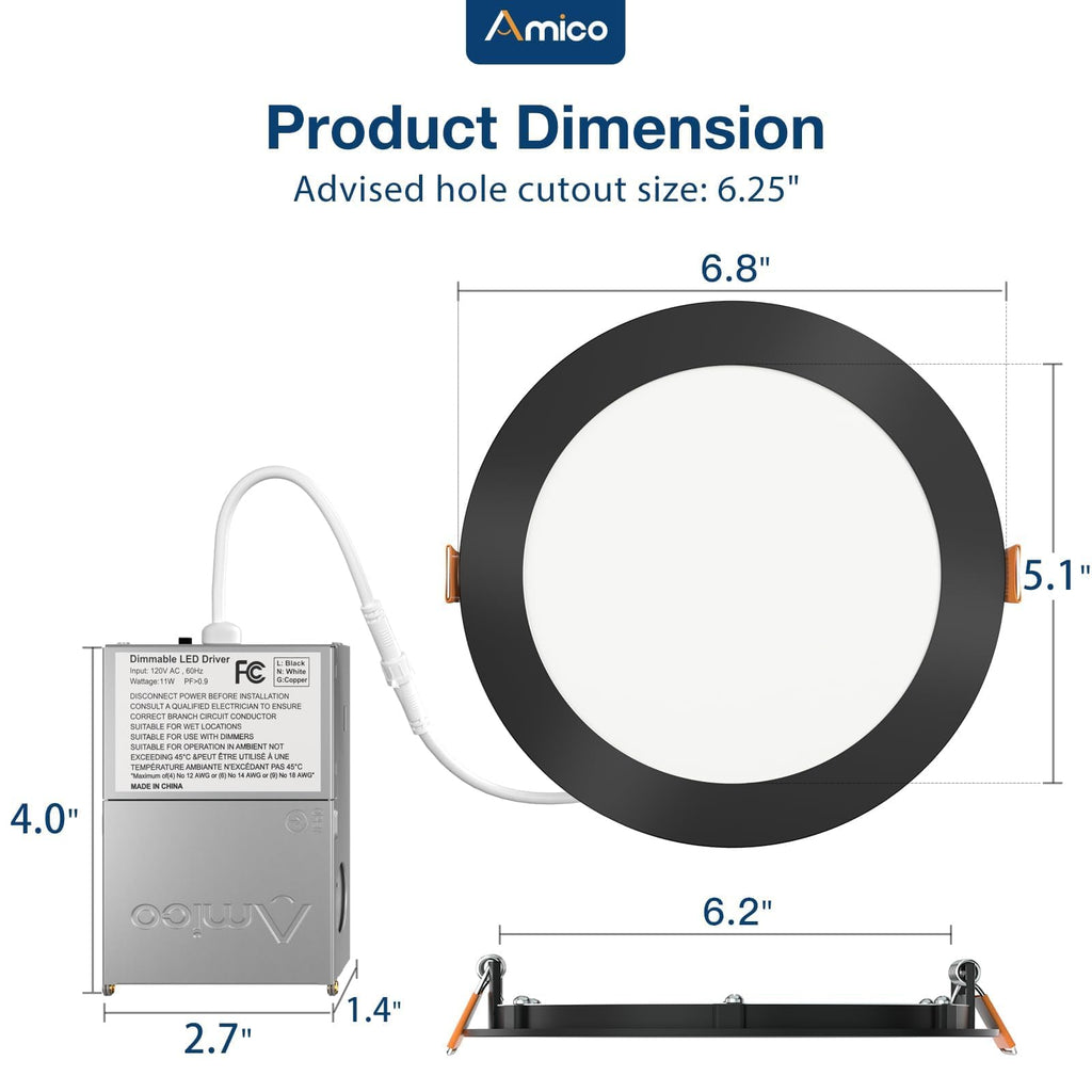 Amico 6 Pack 3 Inch 5CCT Ultra-Thin LED Recessed Ceiling Light with Junction Box, 2700K/3000K/3500K/4000K/5000K Selectable, 7W Eqv 60W 500LM Brightness Dimmable Canless Wafer Downlight, ETL