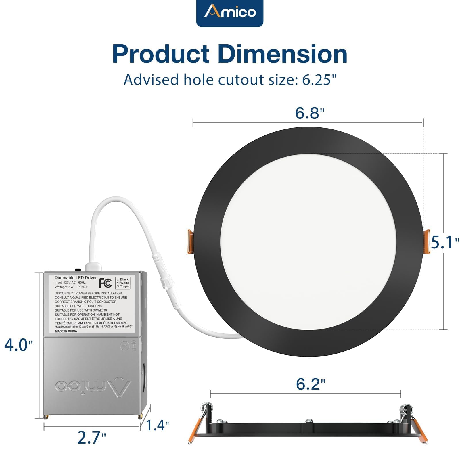 Amico 6 Pack 3 Inch 5CCT Ultra-Thin LED Recessed Ceiling Light with Junction Box, 2700K/3000K/3500K/4000K/5000K Selectable, 7W Eqv 60W 500LM Brightness Dimmable Canless Wafer Downlight, ETL