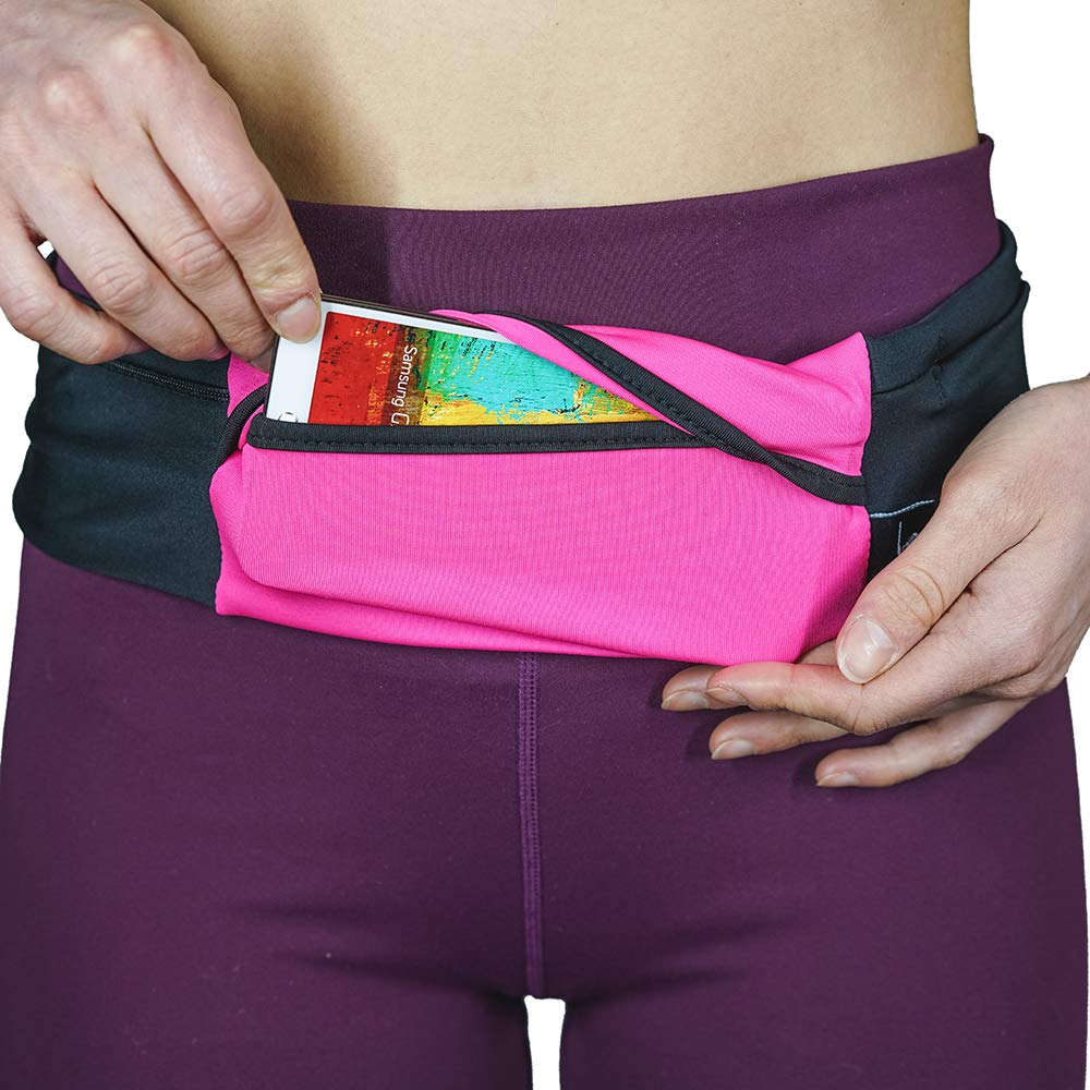3 Pocket Adjustable Running Belt Waist Pack, Fanny Pack For Working Out With Sweat Resistant Backing, Holds All iPhone Models (Black/Black, X-Small)