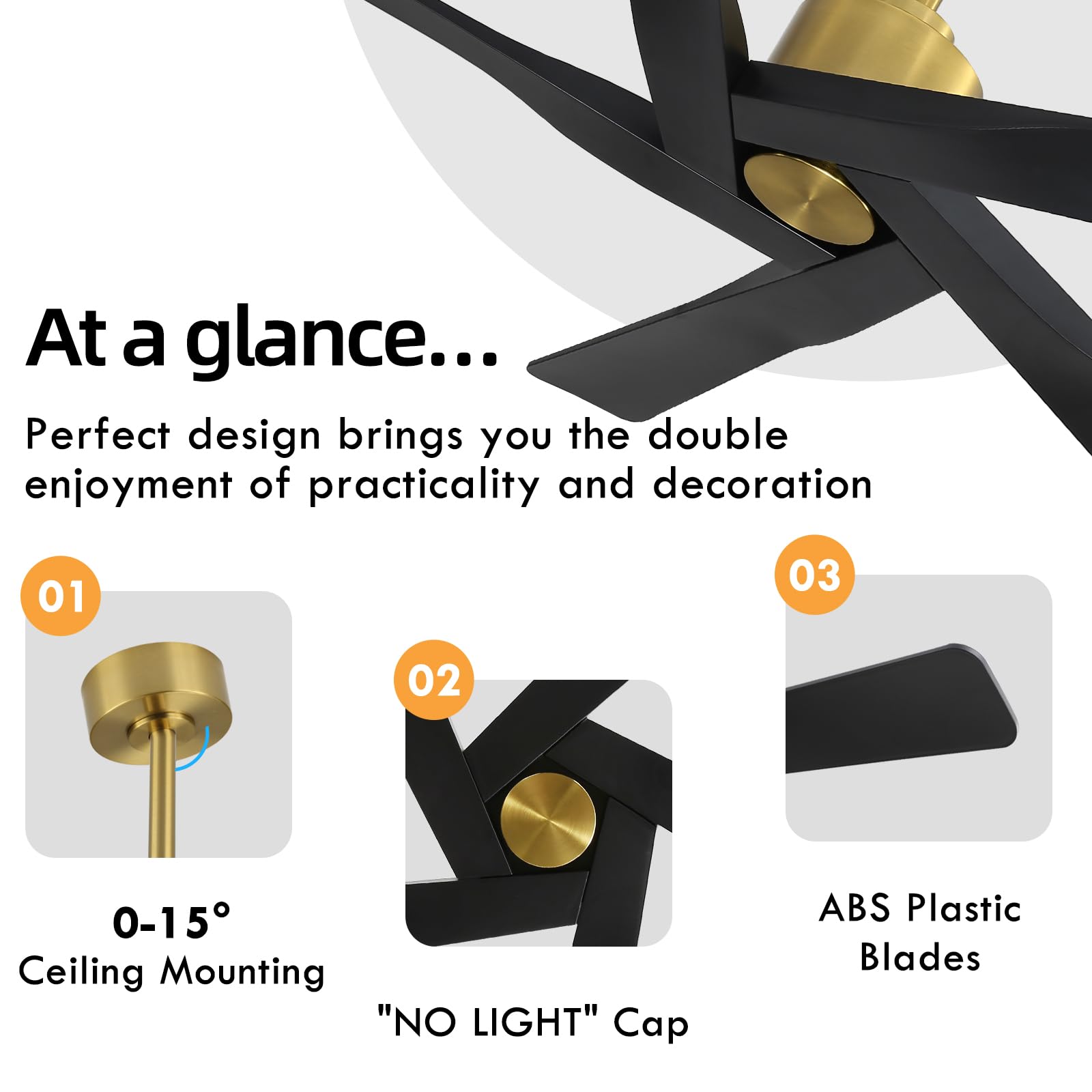 WINGBO 54" ABS DC Ceiling Fan No Light, 5 Blade Wood Grain ABS Ceiling Fan with Remote, 6-Speed Reversible DC Motor, Ceiling Fans without Light for Kitchen Bedroom Living Room, Antique Nickel and Grey