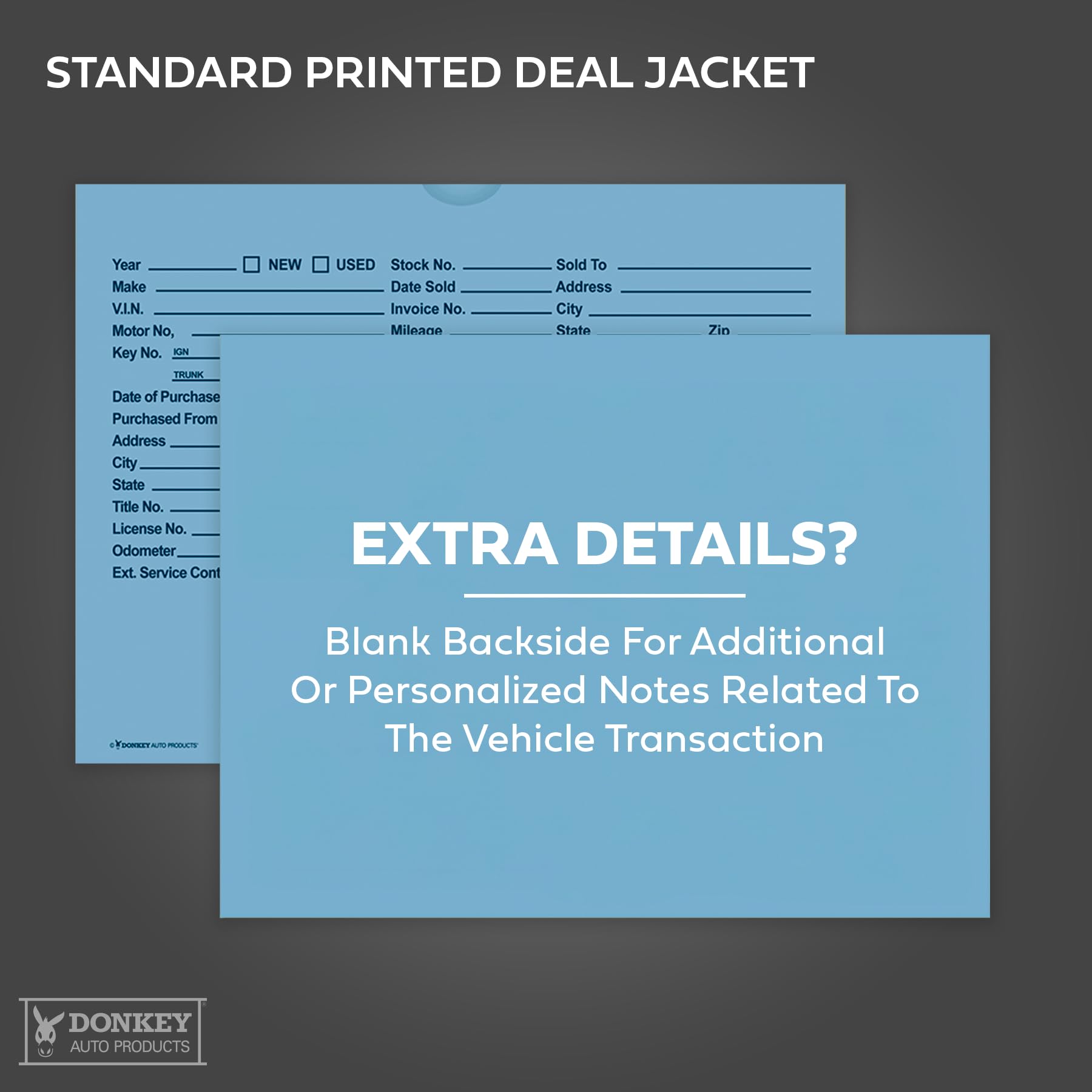 Printed Vehicle Deal Envelopes 9x12 Deal Jackets (100 shrink wrapped) (Blue)