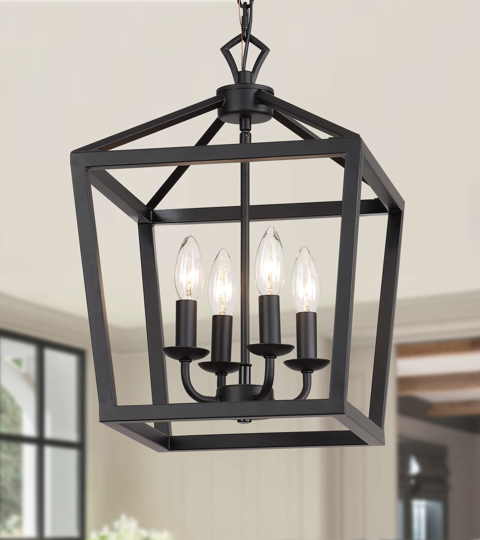 AMZASA UL Listed Black Industrial 4 Light Lantern Chandelier Ceiling Light Fixtures Farmhouse Metal Cage Rustic Geometric Pendant Light for Kitchen Island Entryway Dining Room Stairs and Hallway