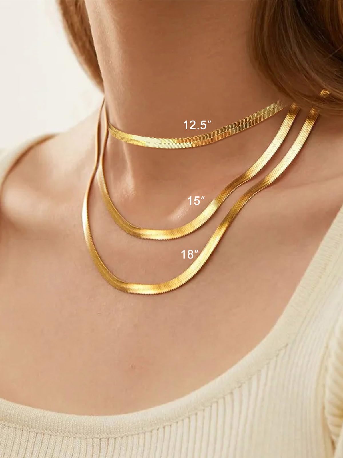 FOCALOOK 14K Gold Plated Necklaces for Women, Fashion Herringbone Choker Necklace Stainless Steel Flat Snake Chain 3/5MM(W) 12.5"/15"/18"+3.5"(L)
