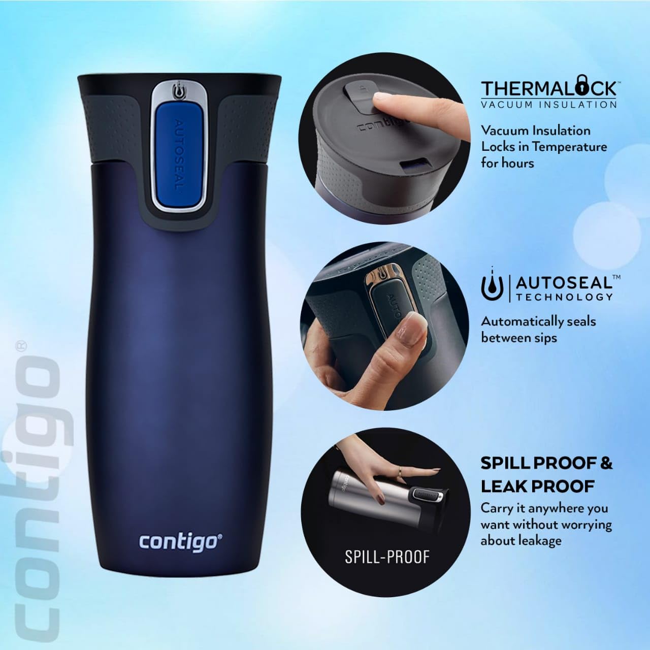 Contigo West Loop Autoseal Travel Mug, Stainless Steel Thermal Mug, Vacuum Flask, Leakproof Tumbler, Coffee Mug with BPA-Free Easy-Clean Lid