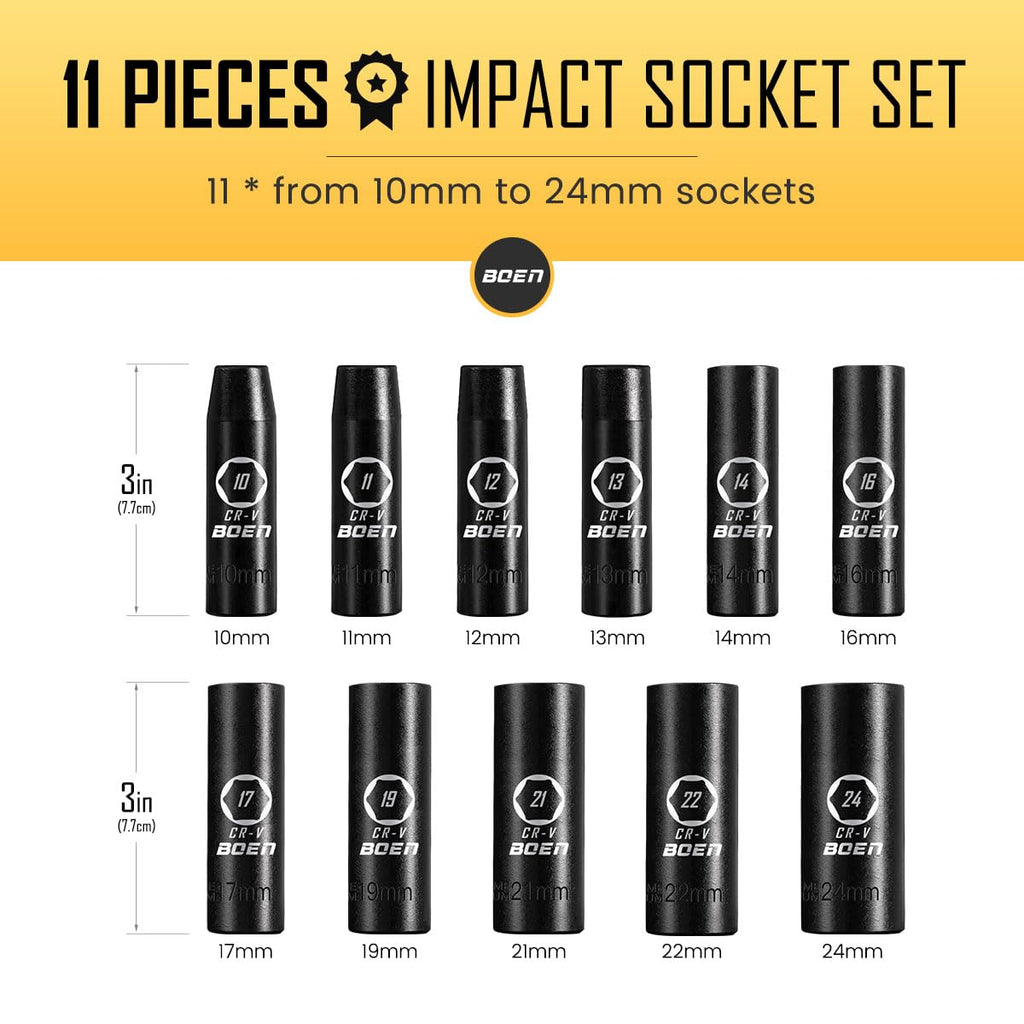BOEN 1/2" Drive Deep Impact Socket Set, 11 Pieces Socket Set Metric 10-24mm, 6 Point Design, Cr-V Steel, Laser Marking, Durable Storage Case, Meets ANSI Standards