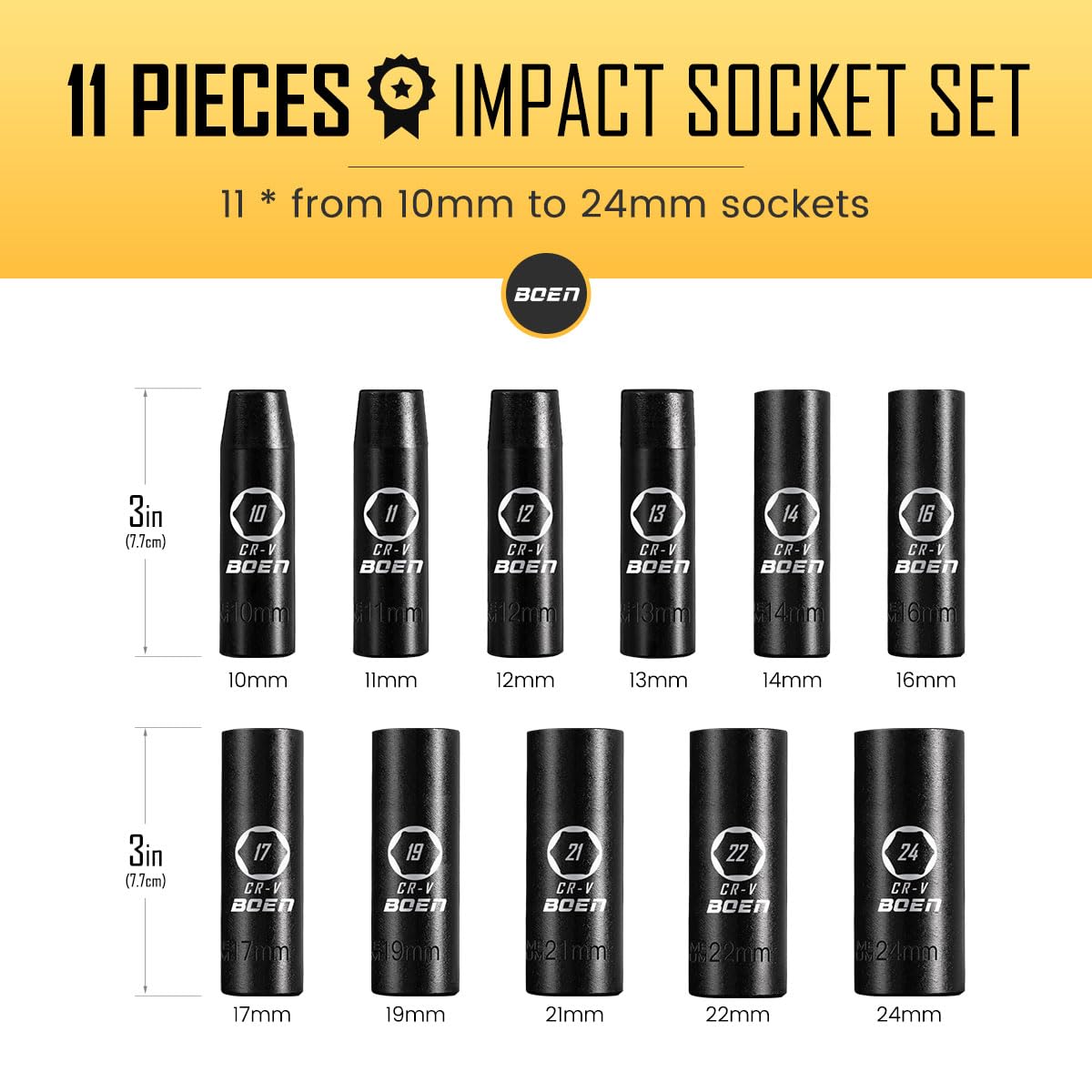 BOEN 1/2" Drive Deep Impact Socket Set, 11 Pieces Socket Set Metric 10-24mm, 6 Point Design, Cr-V Steel, Laser Marking, Durable Storage Case, Meets ANSI Standards