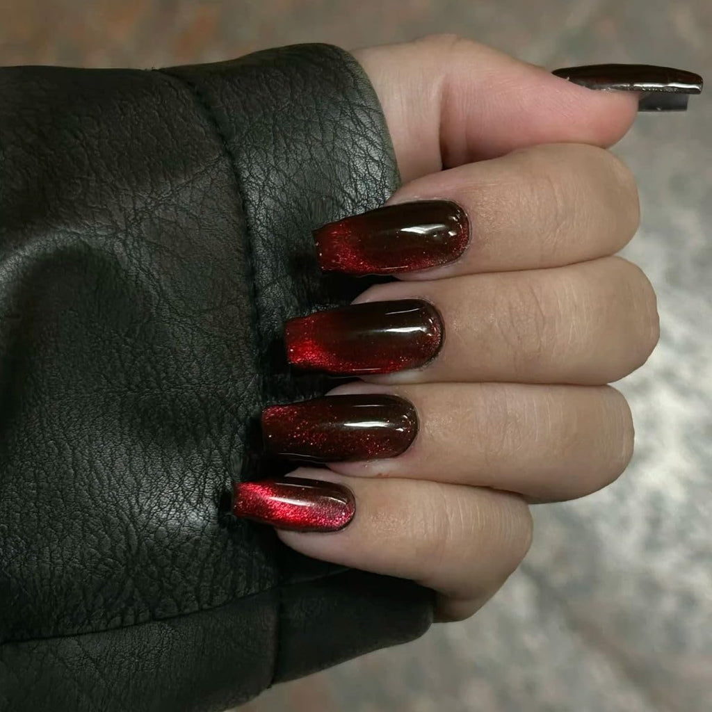 KQueenest Cat Eye Red Press On Nails Long Square, Glitter Burgundy Red Fake Nails Press Ons Extra Long Coffin, Sparkly Bling Soft Gel Glue on Nails For Women Birthday Party Decoration, 30 Pcs