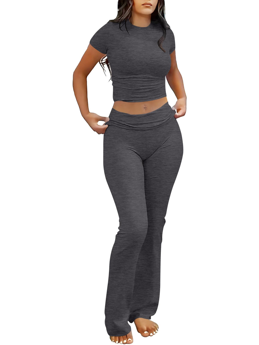 ANRABESS 2 Piece Lounge sets for Women | Soft Comfy Stretchy, Crop Top & Foldover Flare Leggings, Yoga Workout Matching Outfits, Trendy Y2k, Summer Wear Fall Layer