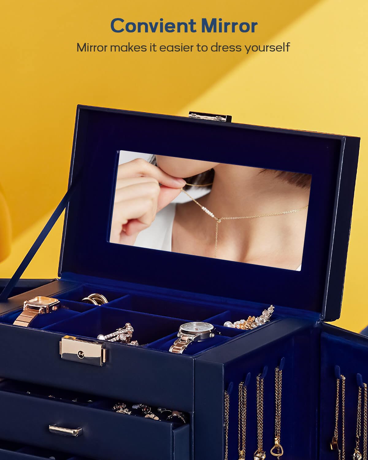 Homde Mothers Day Gifts Synthetic Leather Huge Jewelry Box Mirrored Watch Organizer Necklace Ring Earring Storage Lockable Gift Case (Black + Gold)
