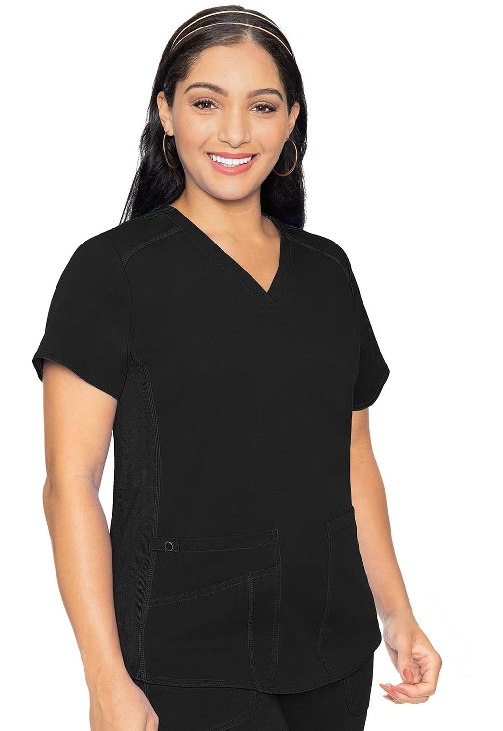 Med Couture V-Neck Scrub Top for Women with 4 Pockets, Rib-Knit Side Panel, and Shirttail Hem MC7459
