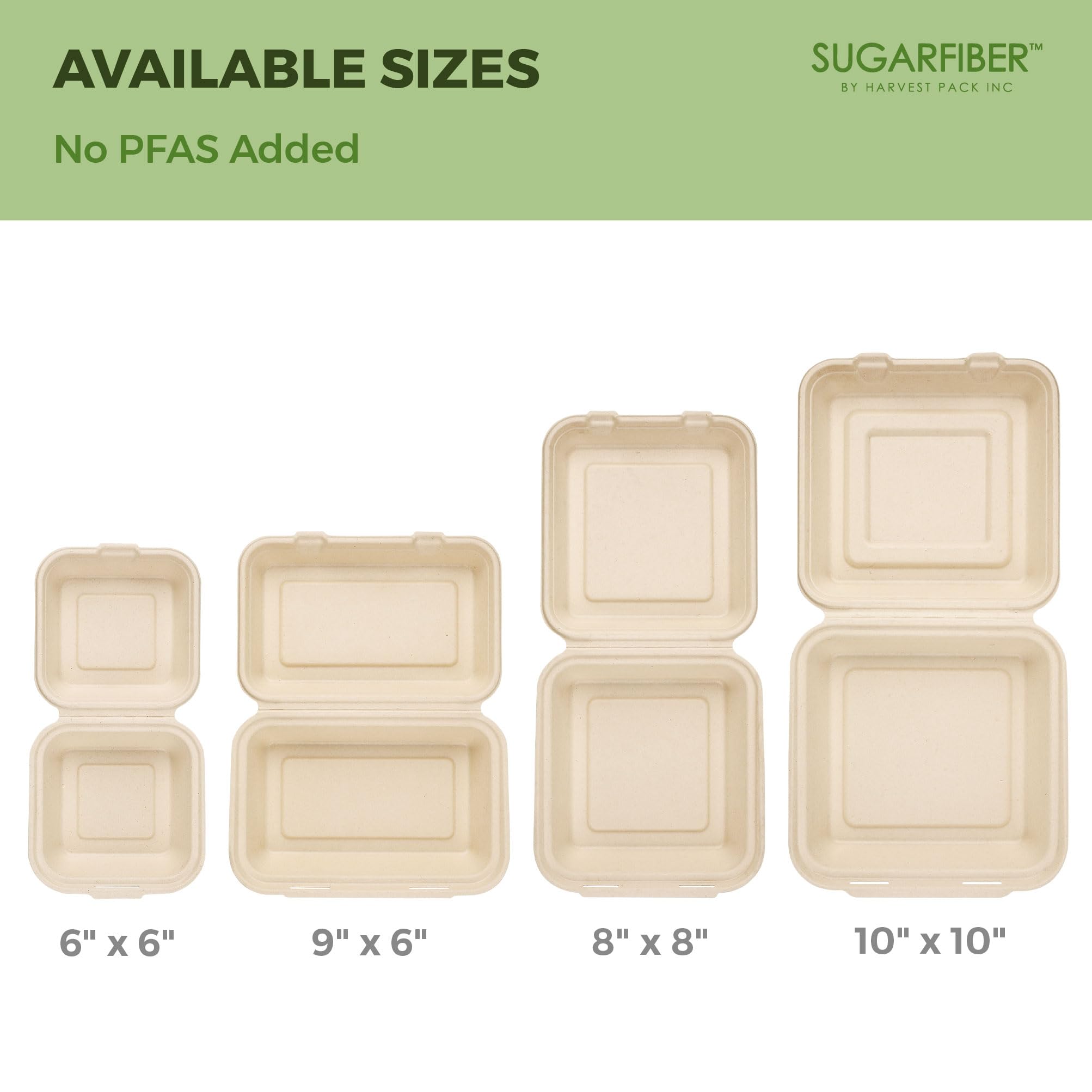[50 COUNT]Harvest Pack 6 X 6" Compostable Clamshell Take Out Food Containers, PFAS FREE Square To go Containers with Lids, Heavy-Duty Disposable Bagasse Bento Cake Box, Eco-Friendly Sugarcane Fibers