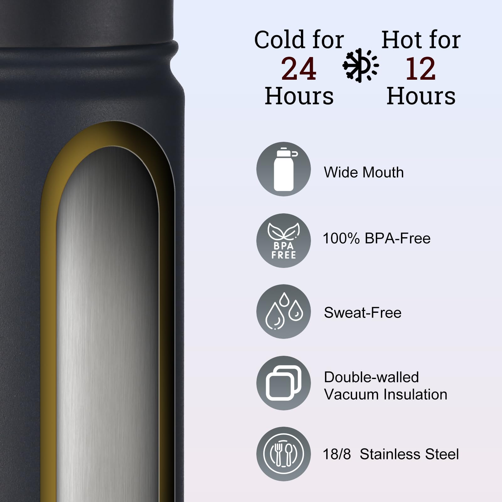 mininoo 24 oz Insulated Water Bottle with Straw Lid, Stainless Steel Double Wall Vacuum, Leak Proof, BPA Free, Keep Cold for 24H & Hot for 12H-2 pack(Black)